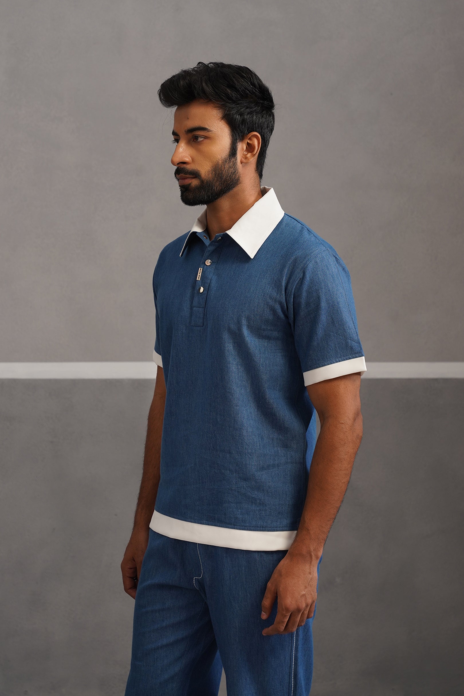 Denim Luxe Polo Collar Tshirt - Medium Blue
