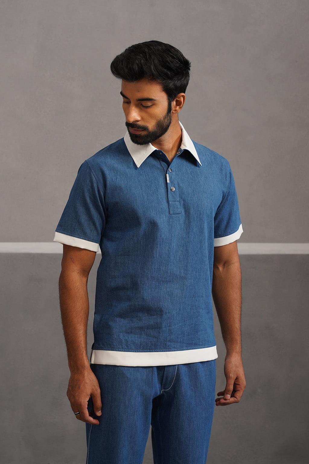 Denim Luxe Polo Collar Tshirt - Medium Blue