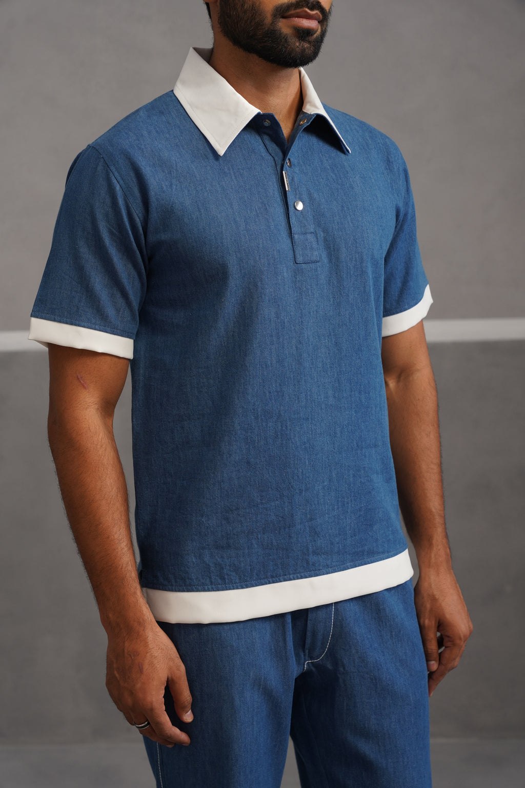 Denim Luxe Polo Collar Tshirt - Medium Blue
