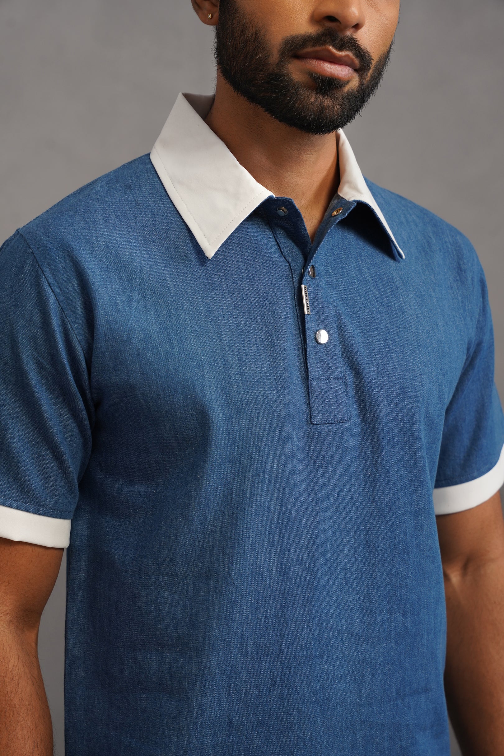 Denim Luxe Polo Collar Tshirt - Medium Blue