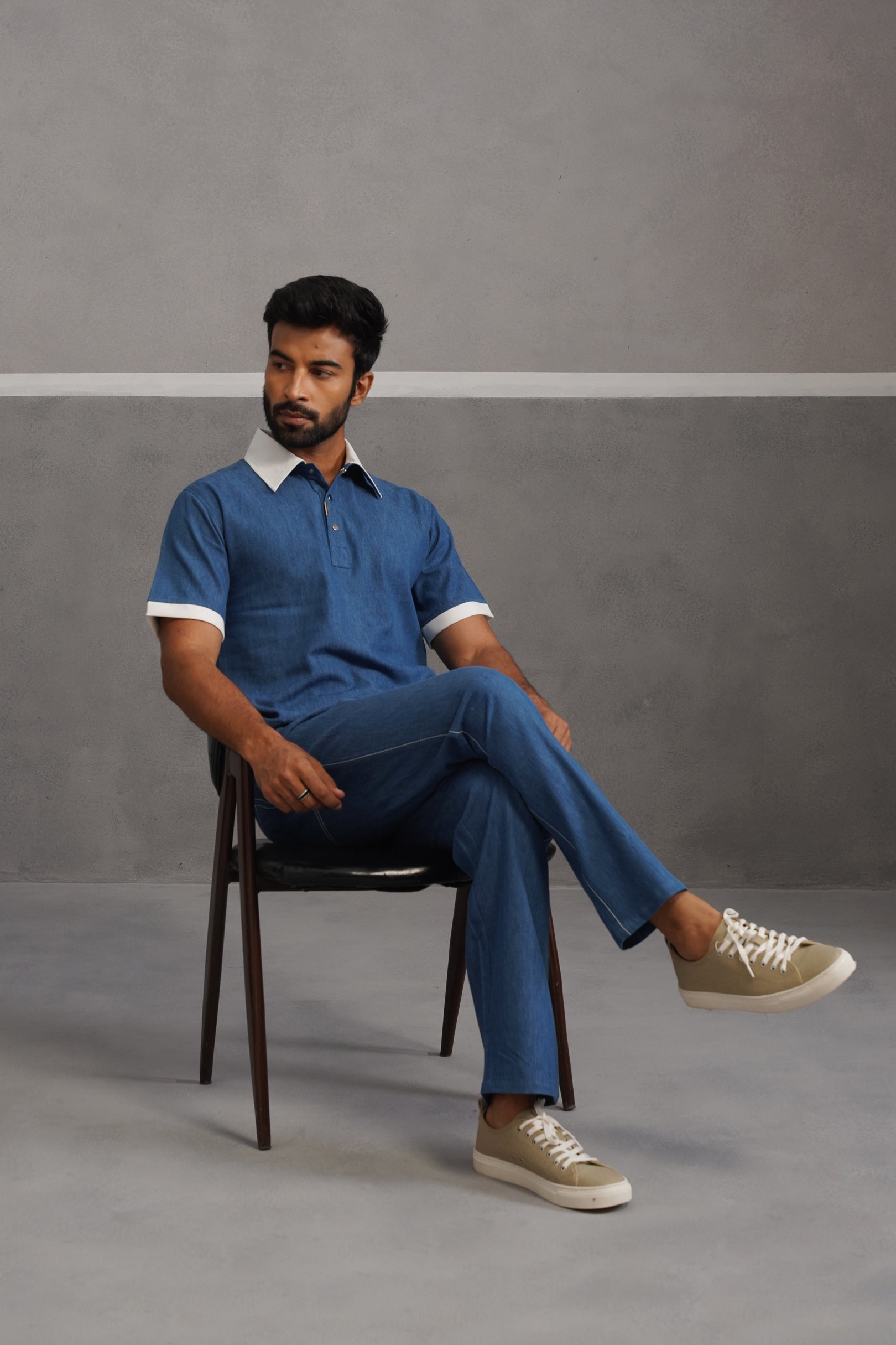 Denim Polo Collar Tshirt Coord Set - Medium Blue