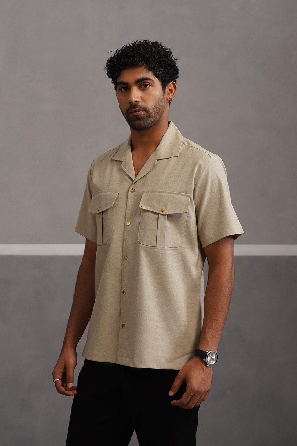 Italian Linen Lycra Double pocket Shirt - Beige