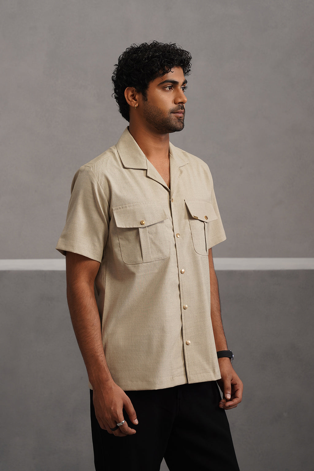 Italian Linen Lycra Double pocket Shirt - Beige