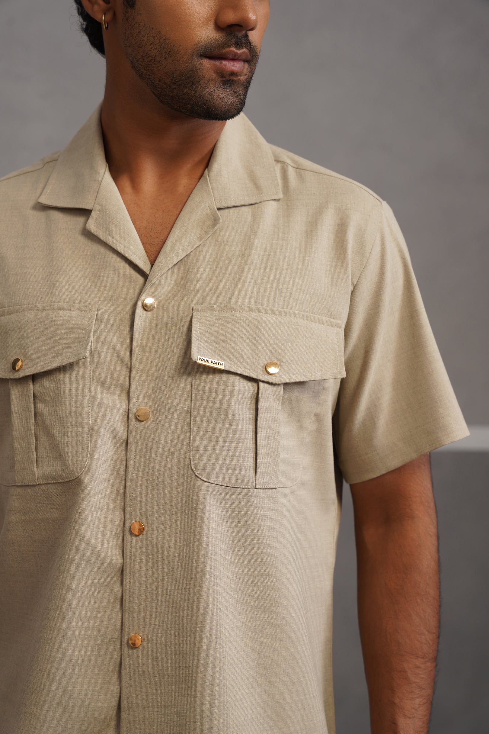 Italian Linen Lycra Double pocket Shirt - Beige