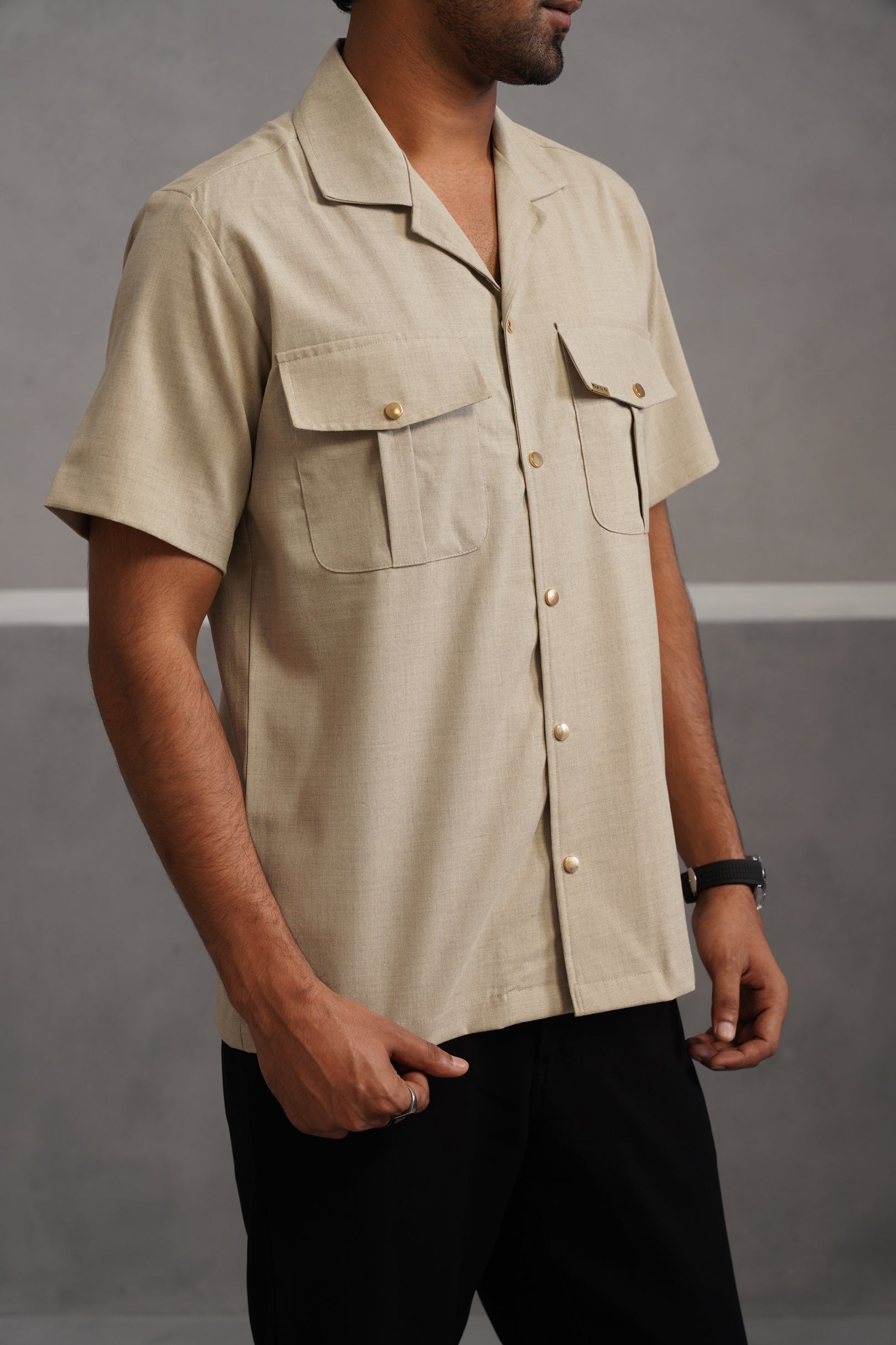 Italian Linen Lycra Double pocket Shirt - Beige