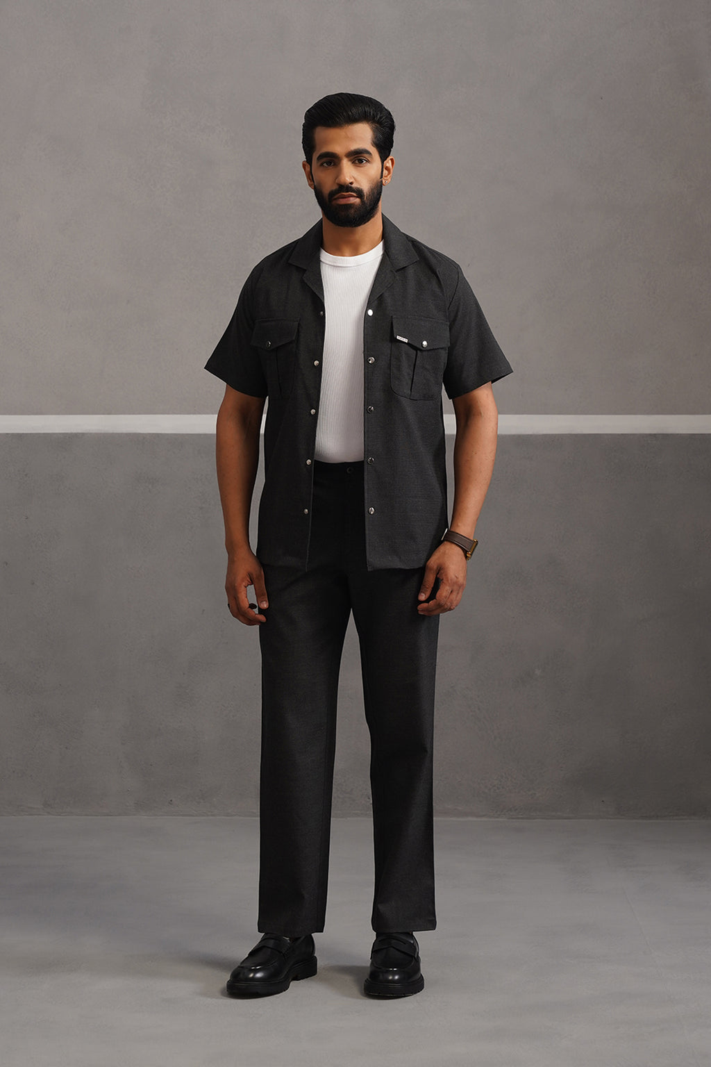 Italian Linen Lycra Double Pocket Coord Set - Black