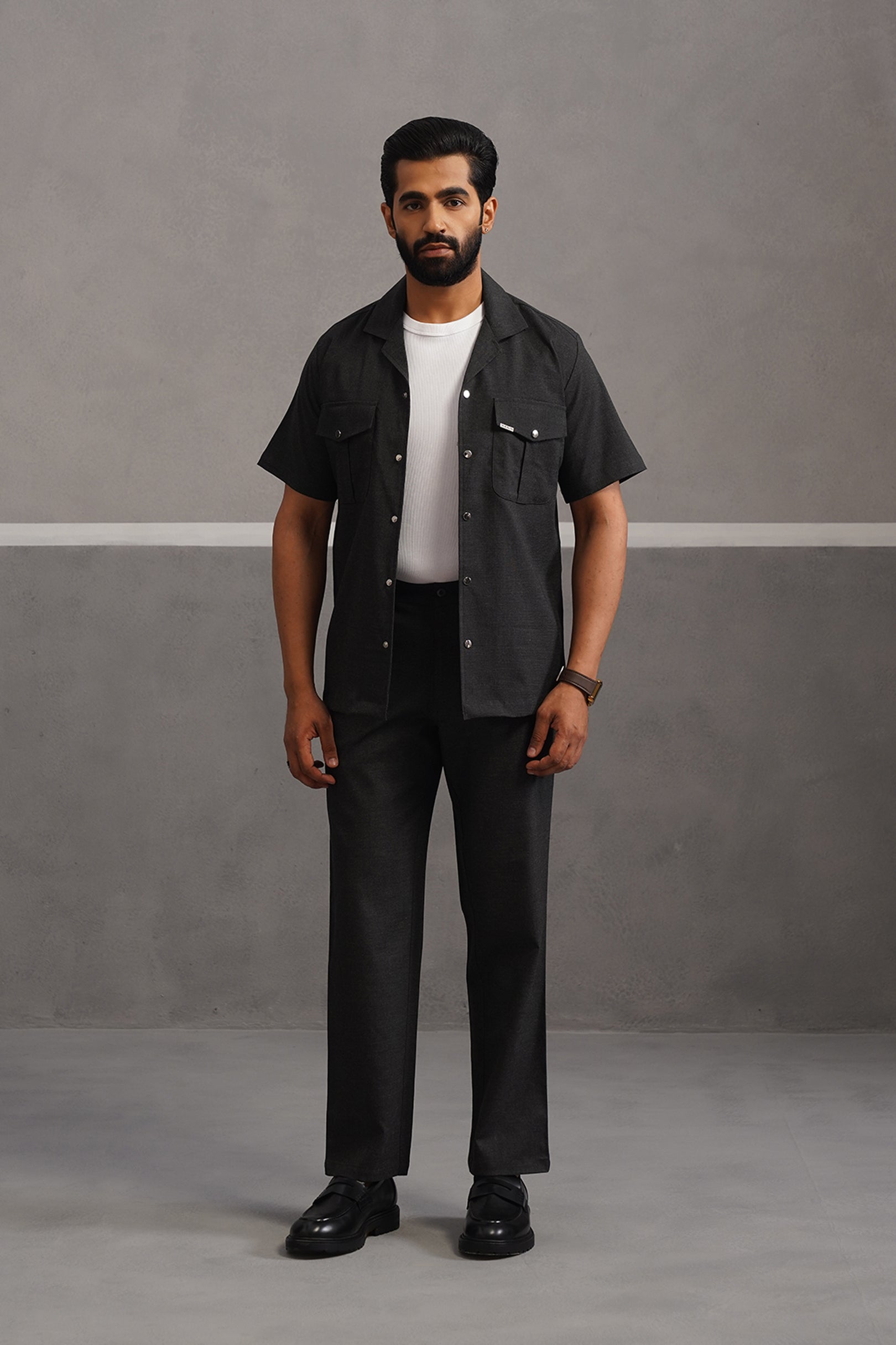 Italian Linen Lycra Double Pocket Coord Set - Black