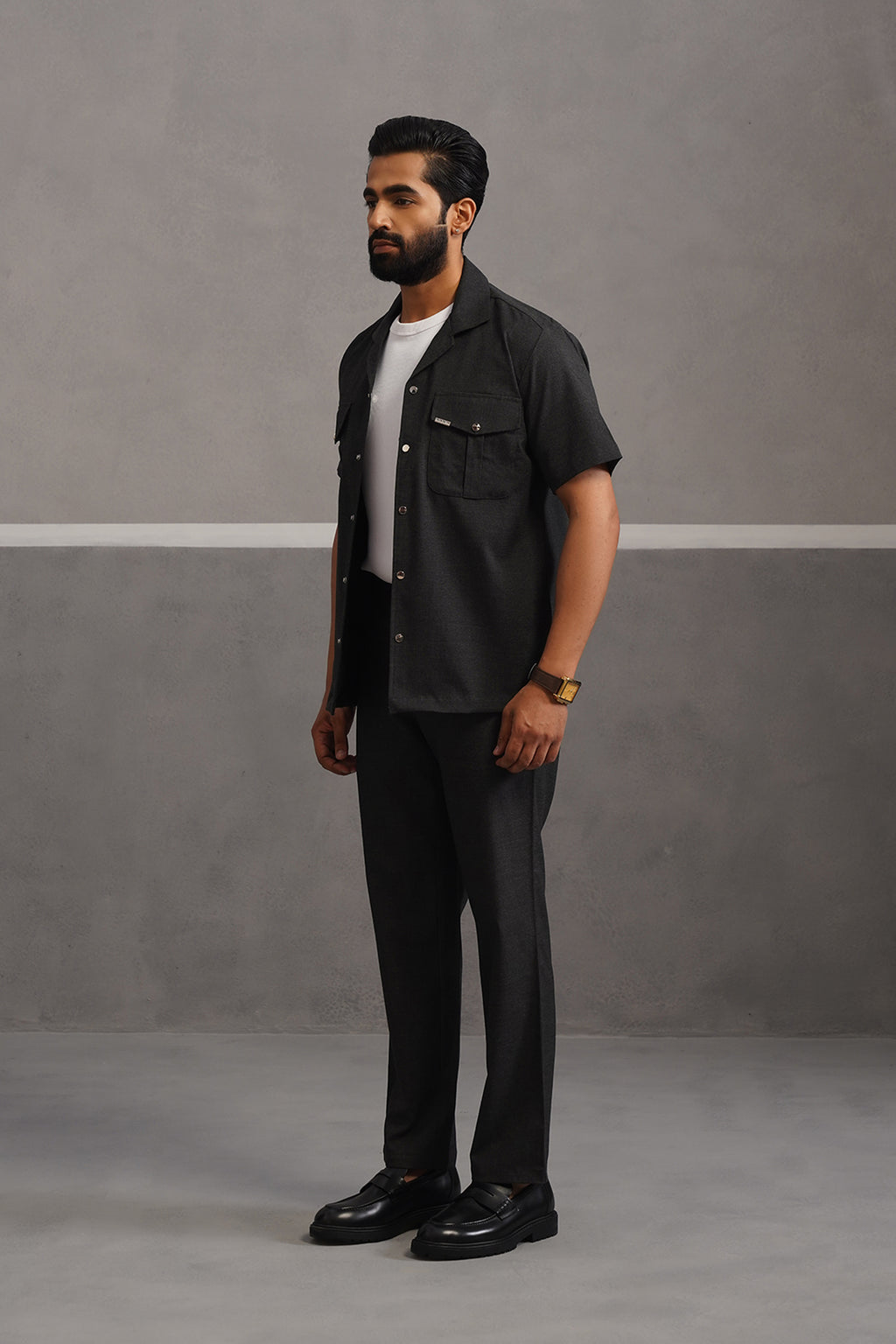Italian Linen Lycra Double Pocket Coord Set - Black