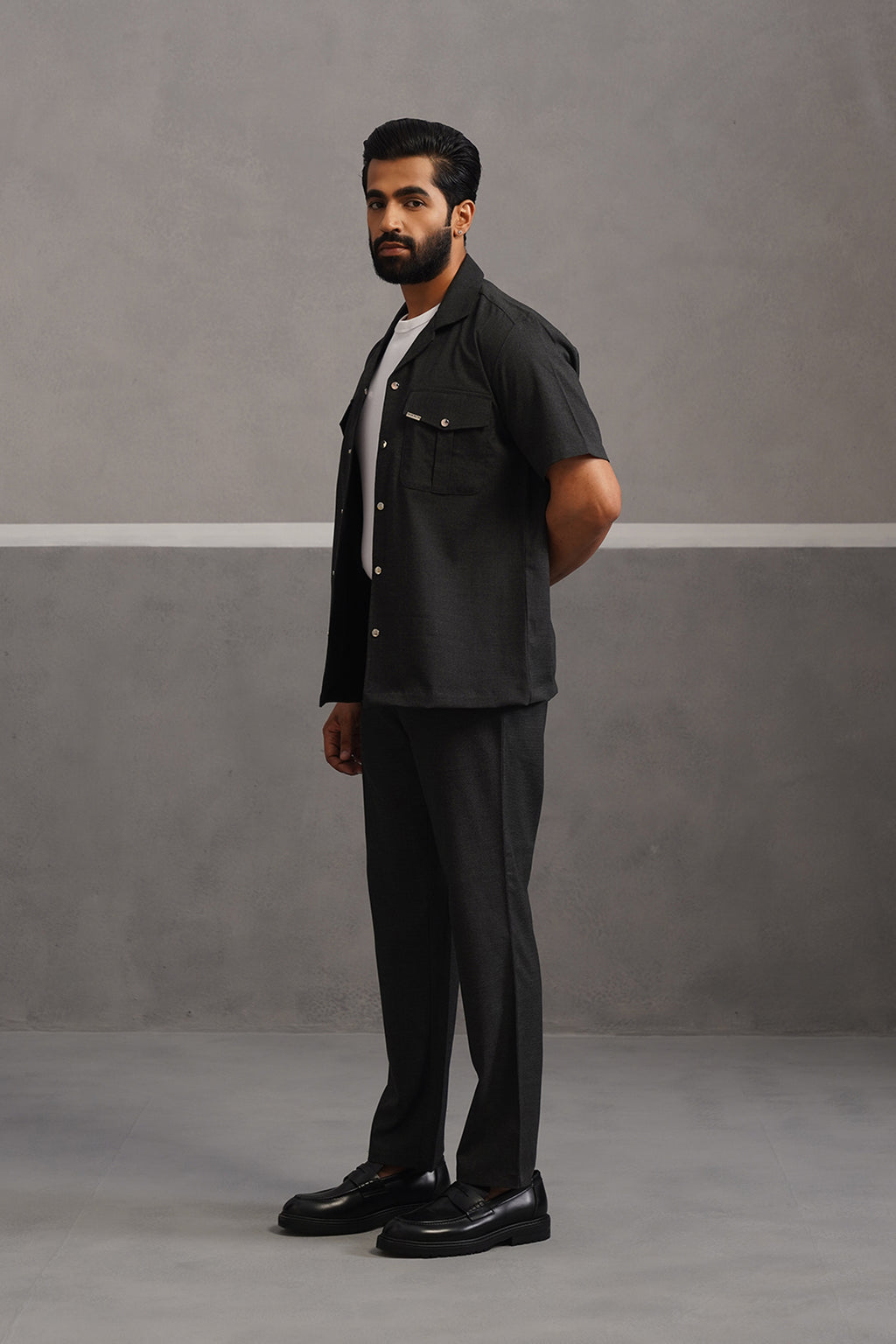 Italian Linen Lycra Double Pocket Coord Set - Black