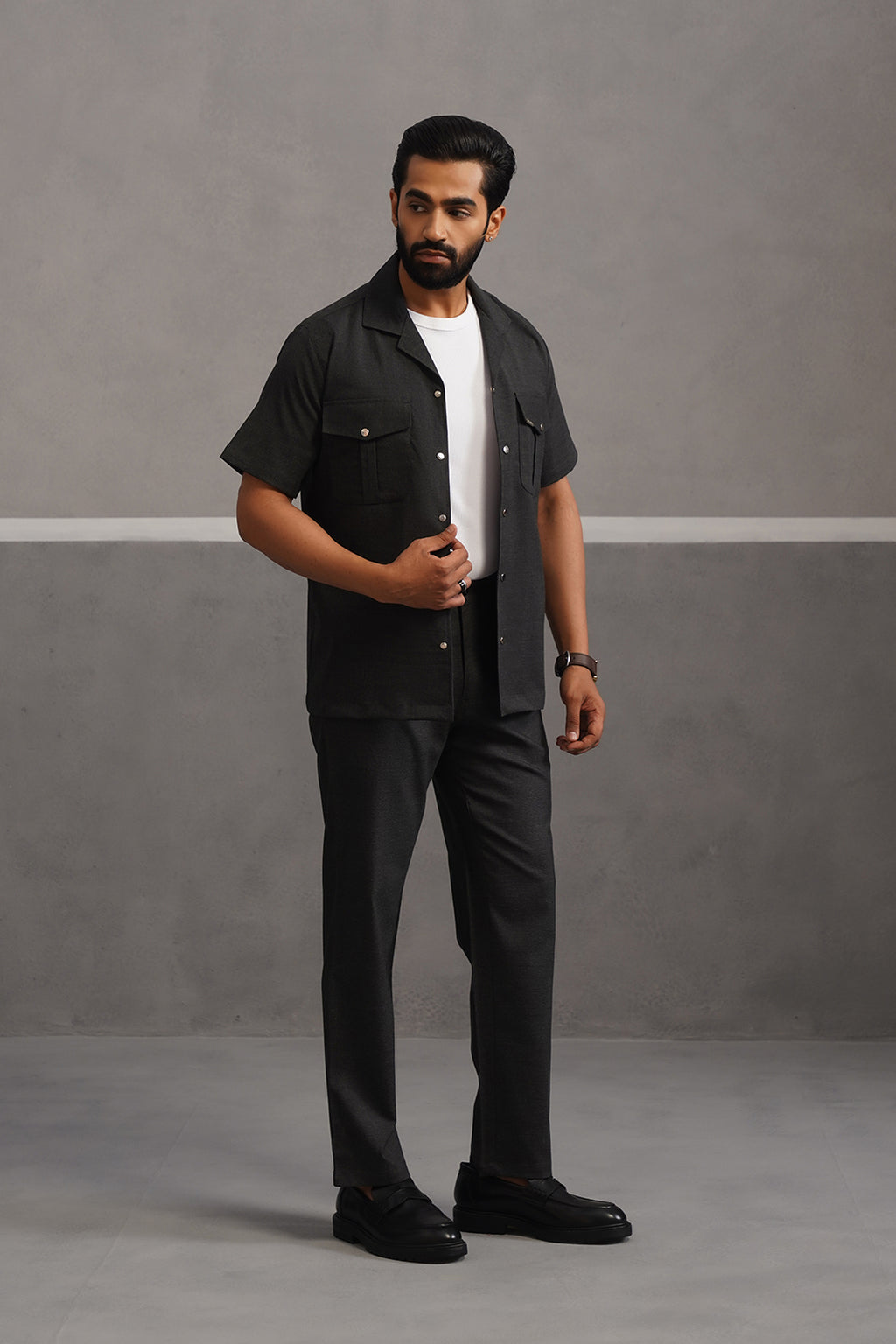 Italian Linen Lycra Double Pocket Coord Set - Black