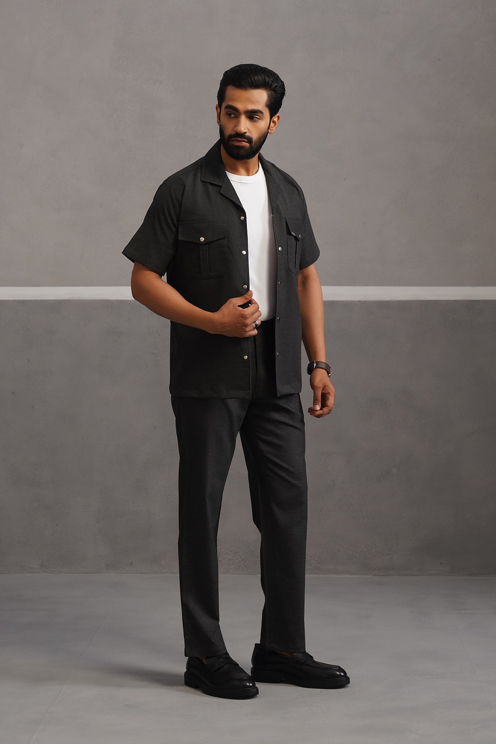 Italian Linen Lycra Double Pocket Coord Set - Black