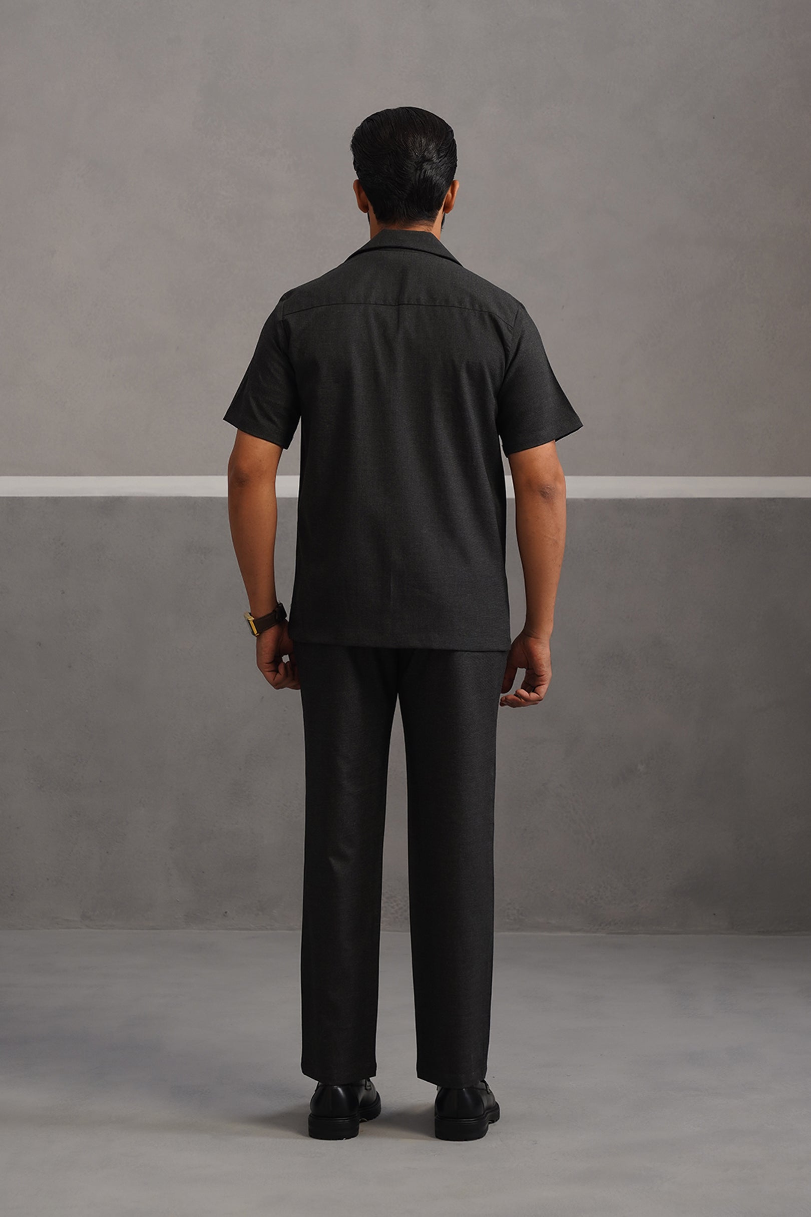 Italian Linen Lycra Double Pocket Coord Set - Black
