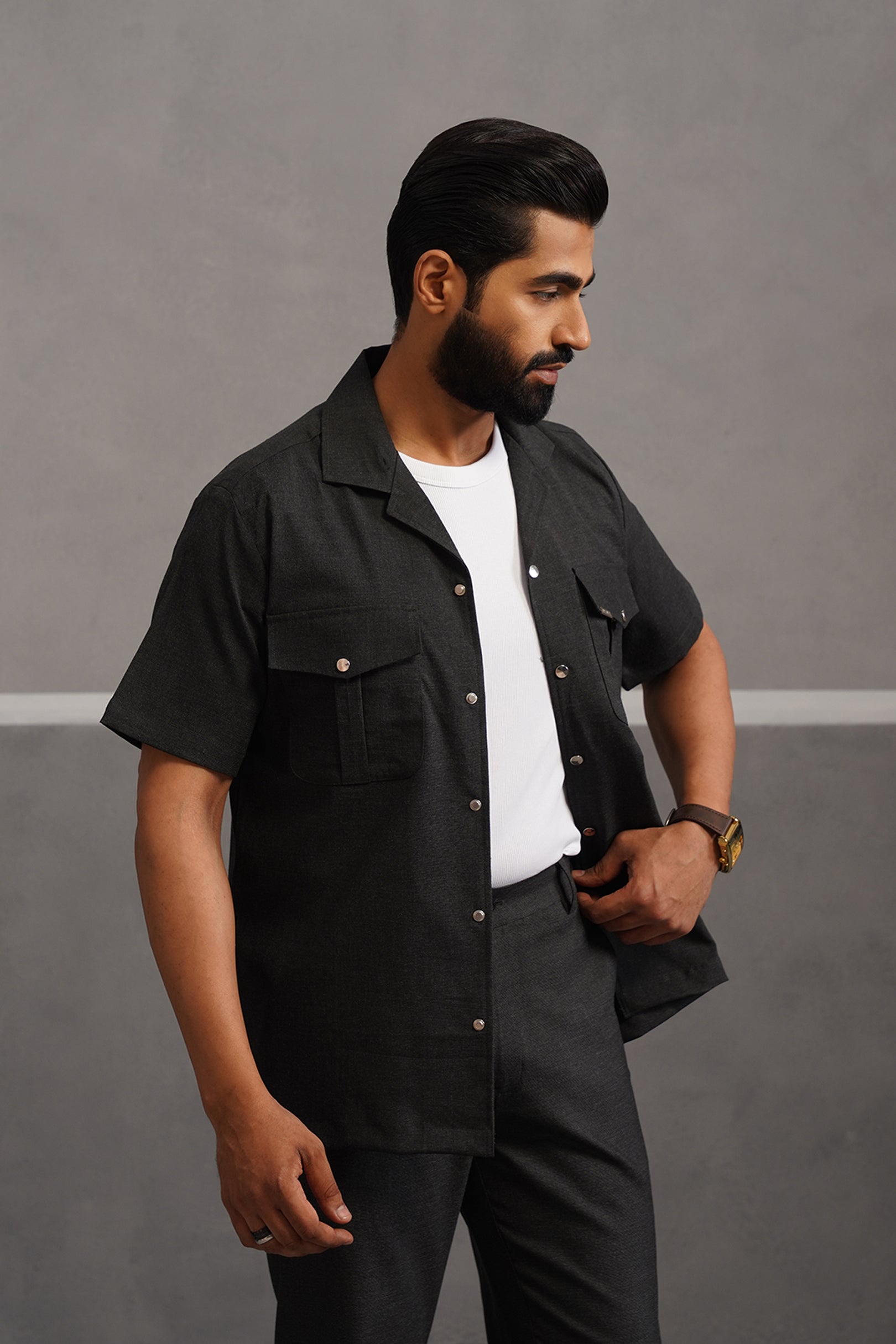 Italian Linen Lycra Double pocket Shirt - Black