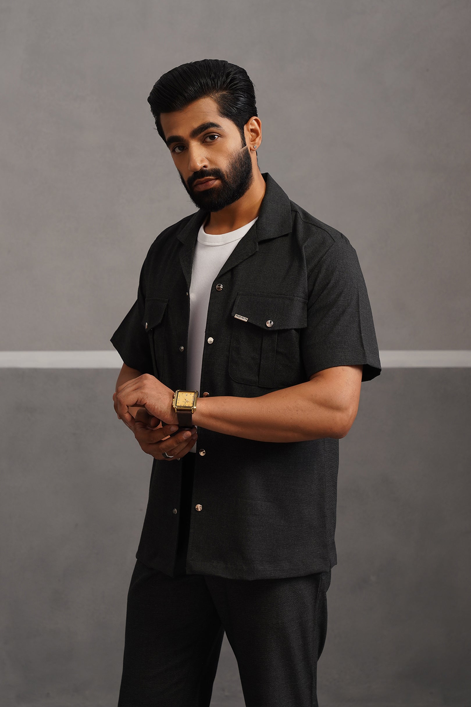 Italian Linen Lycra Double pocket Shirt - Black