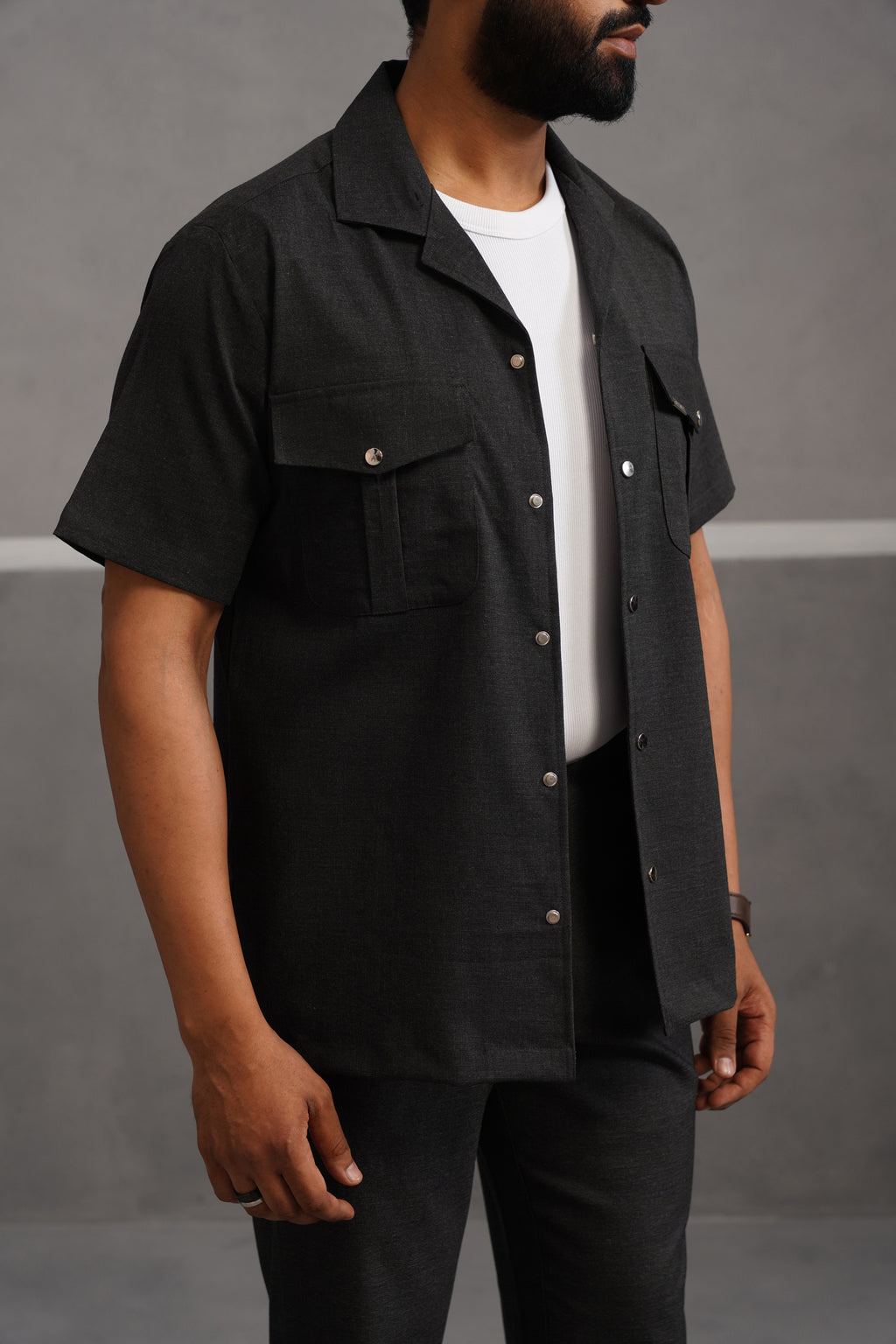 Italian Linen Lycra Double pocket Shirt - Black
