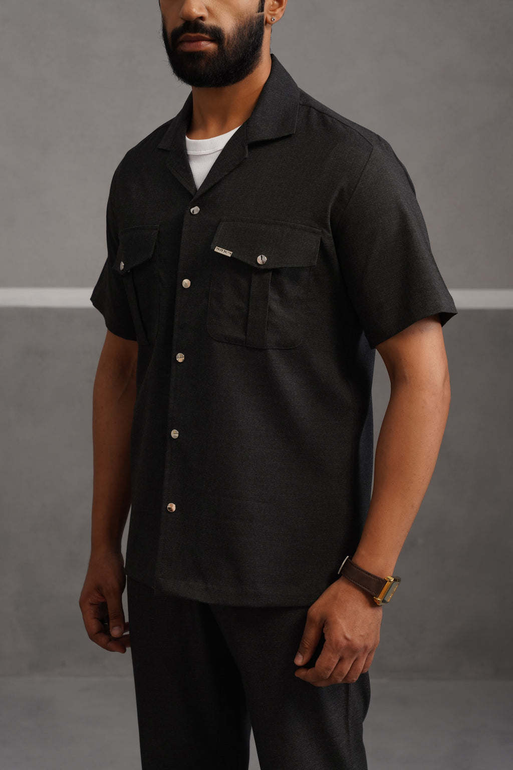 Italian Linen Lycra Double pocket Shirt - Black