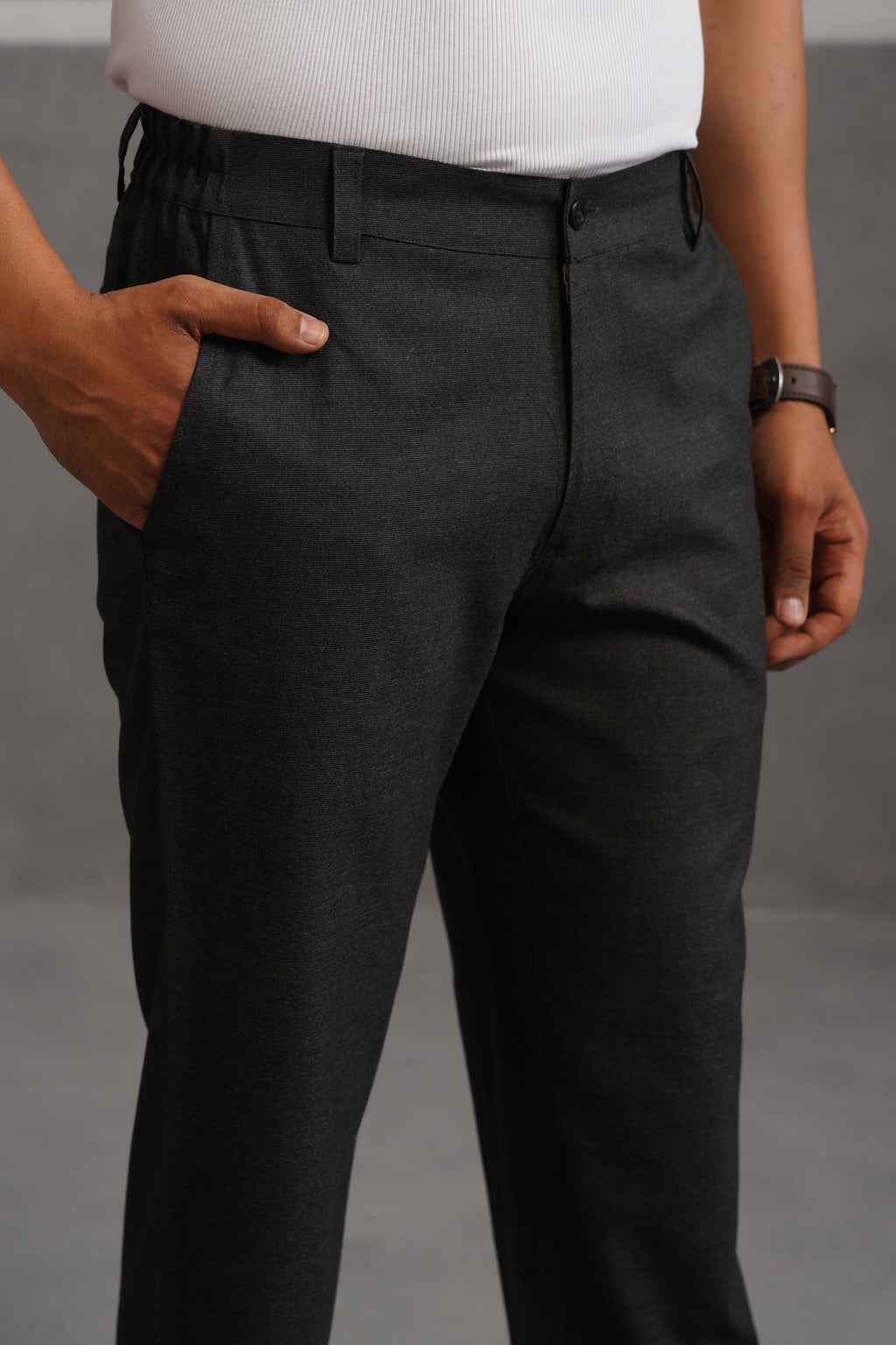 Linen Lycra Tailored Fit Flexi Wasit Trouser - Black