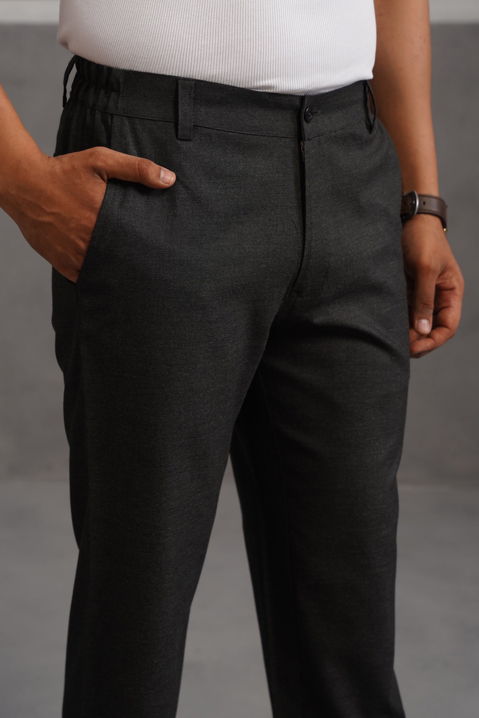 Linen Lycra Tailored Fit Flexi Wasit Trouser - Black