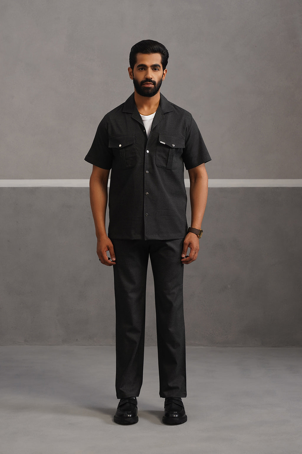 Italian Linen Lycra Double Pocket Coord Set - Black