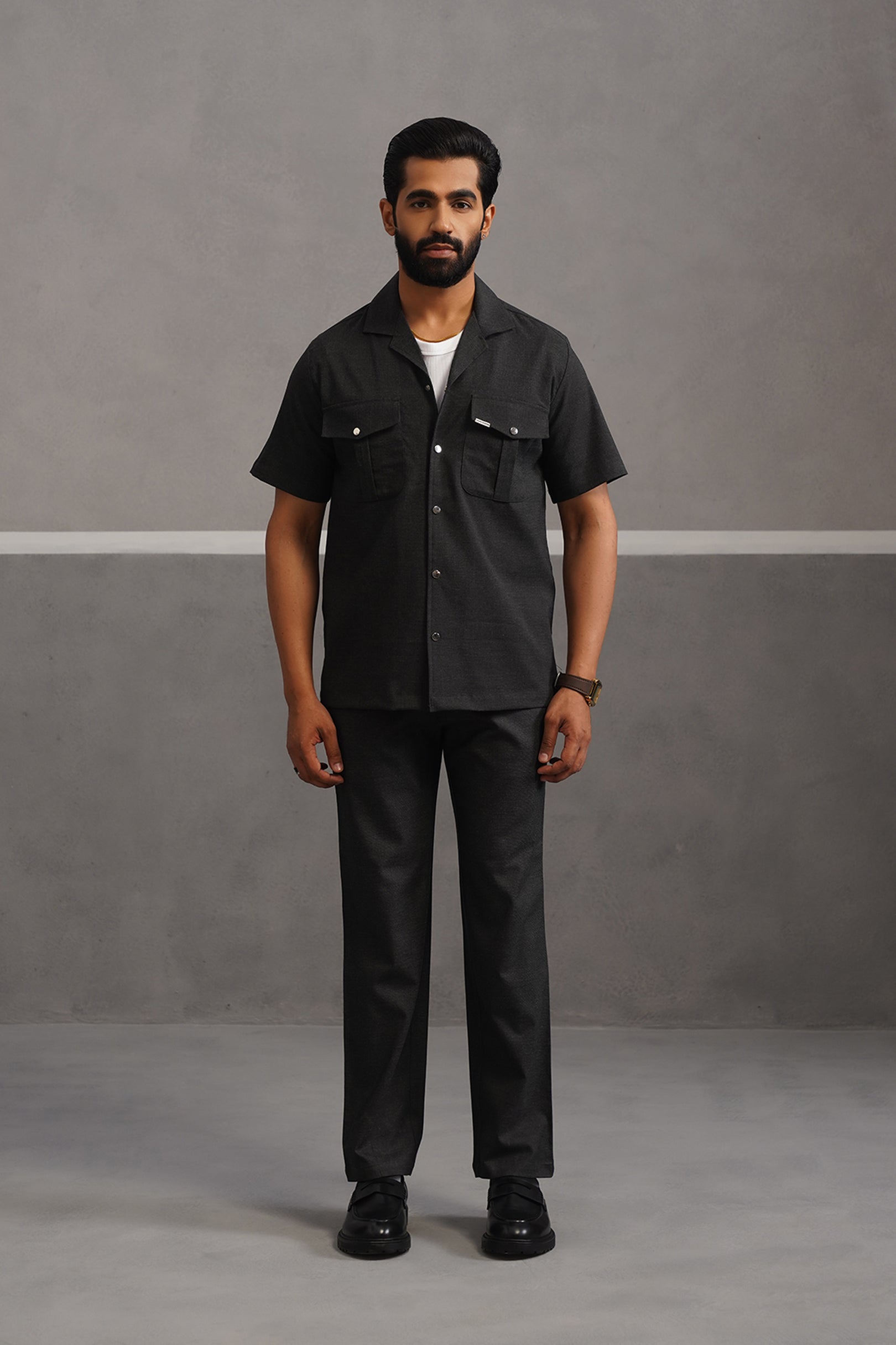 Italian Linen Lycra Double Pocket Coord Set - Black