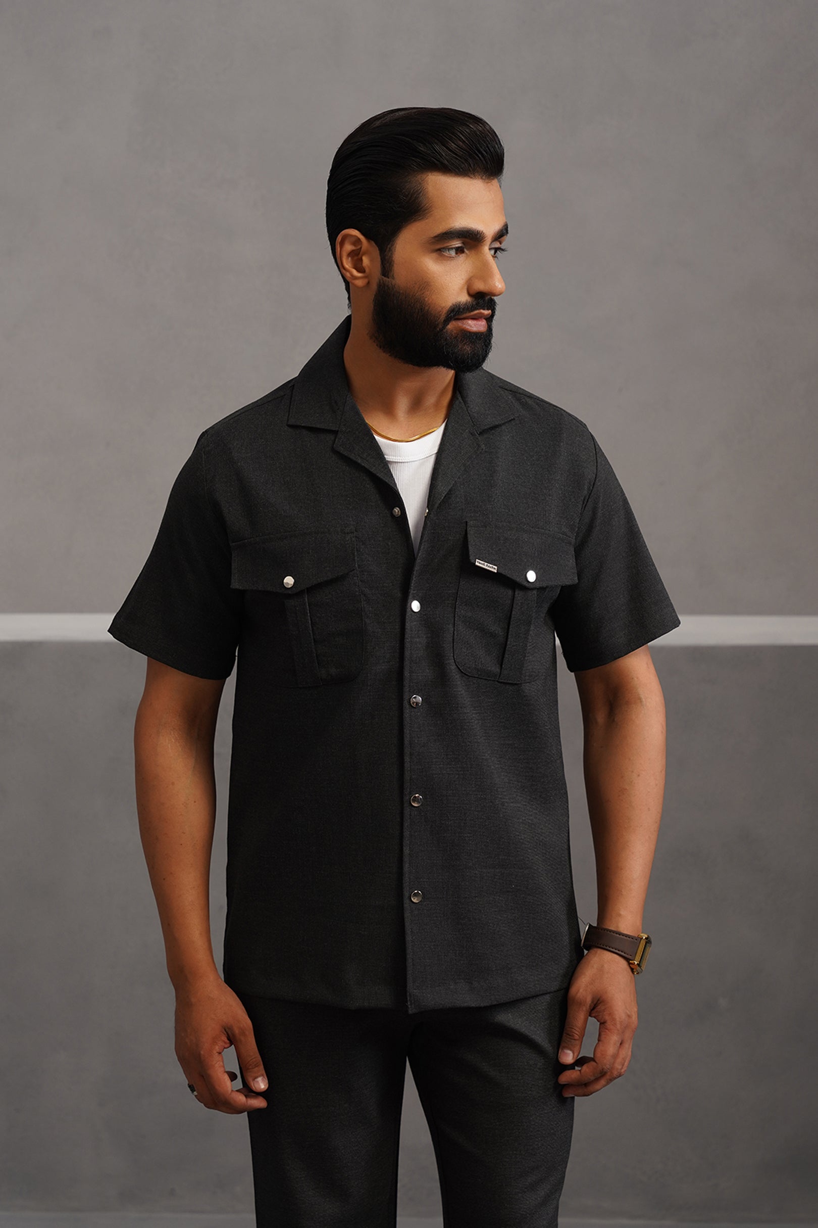 Italian Linen Lycra Double pocket Shirt - Black