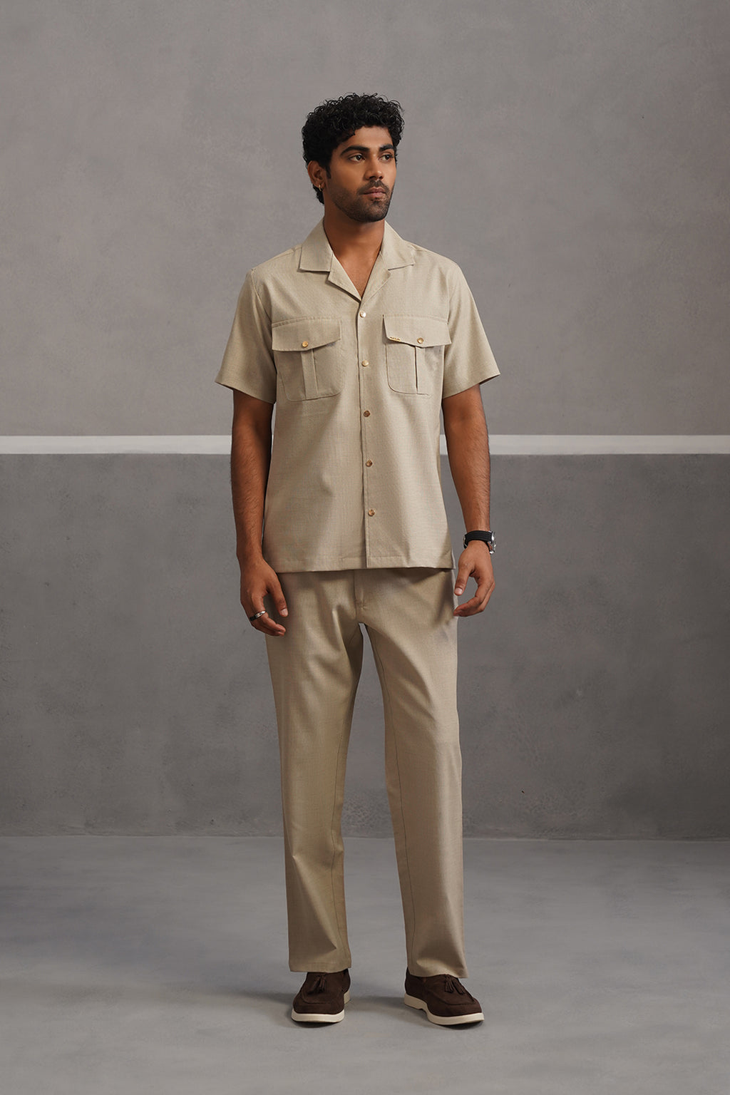Italian Linen Lycra Double Pocket Coord Set - Beige