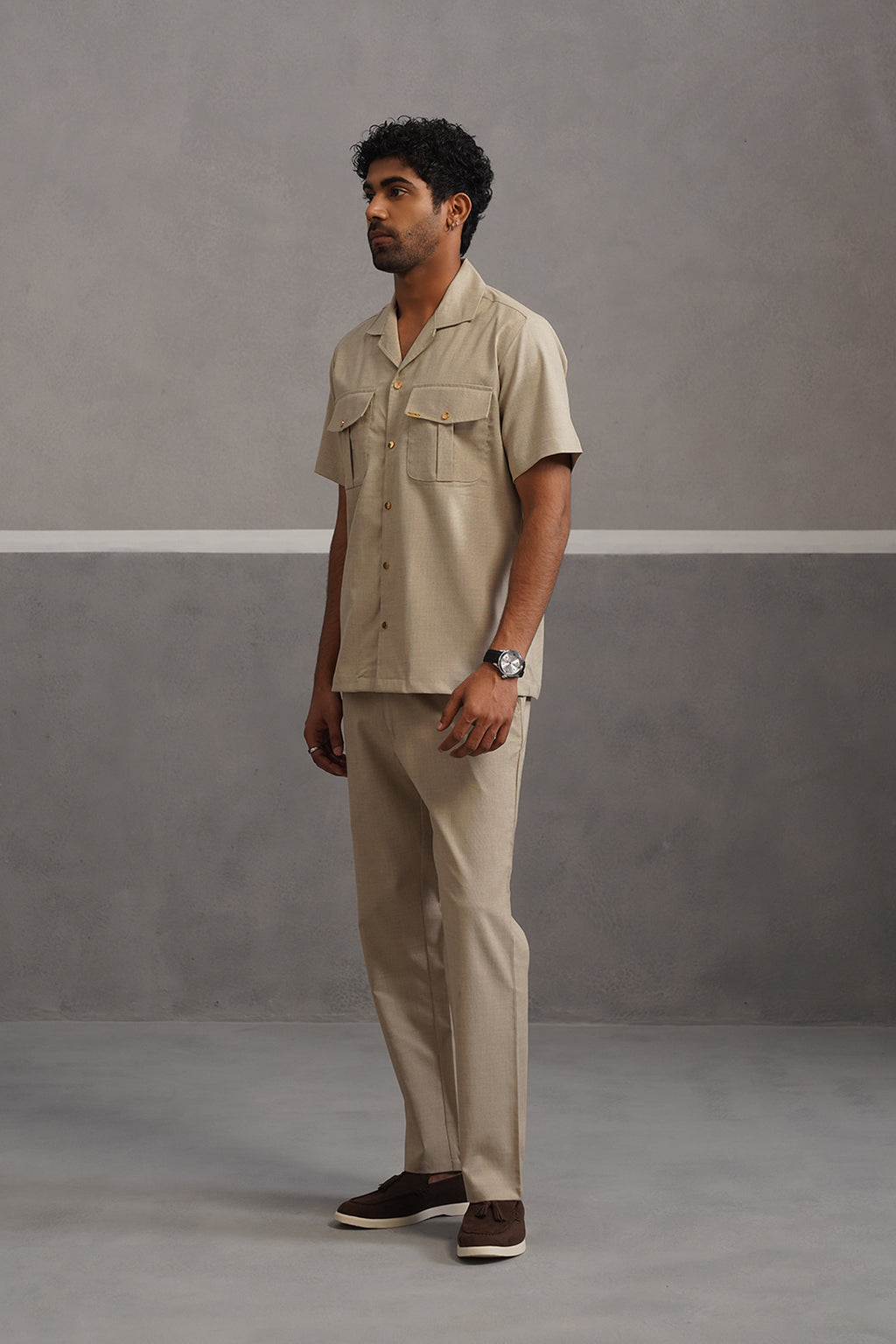 Italian Linen Lycra Double Pocket Coord Set - Beige