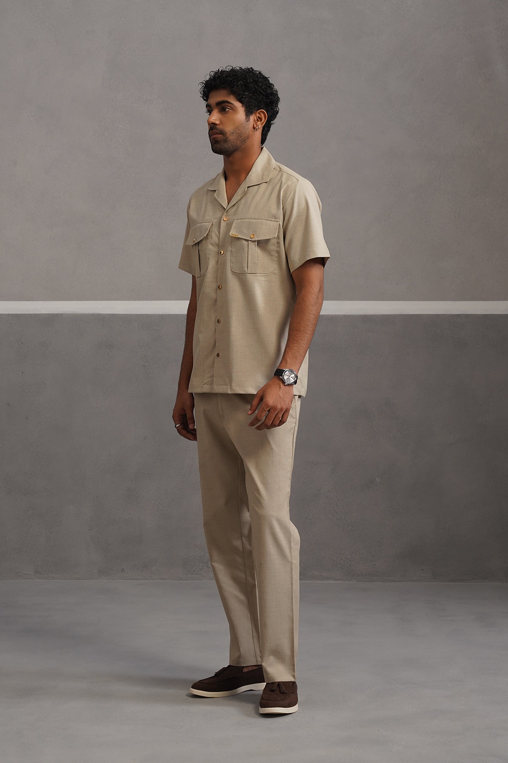 Italian Linen Lycra Double Pocket Coord Set - Beige
