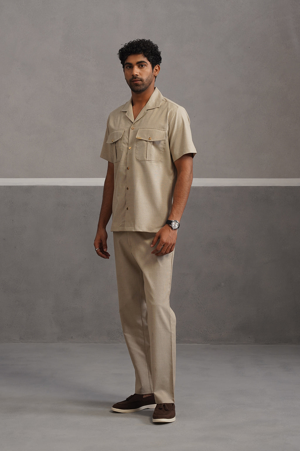 Italian Linen Lycra Double Pocket Coord Set - Beige