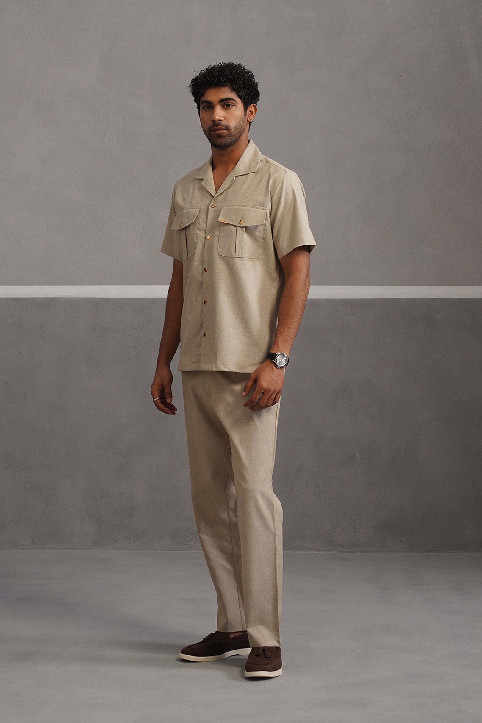 Italian Linen Lycra Double Pocket Coord Set - Beige