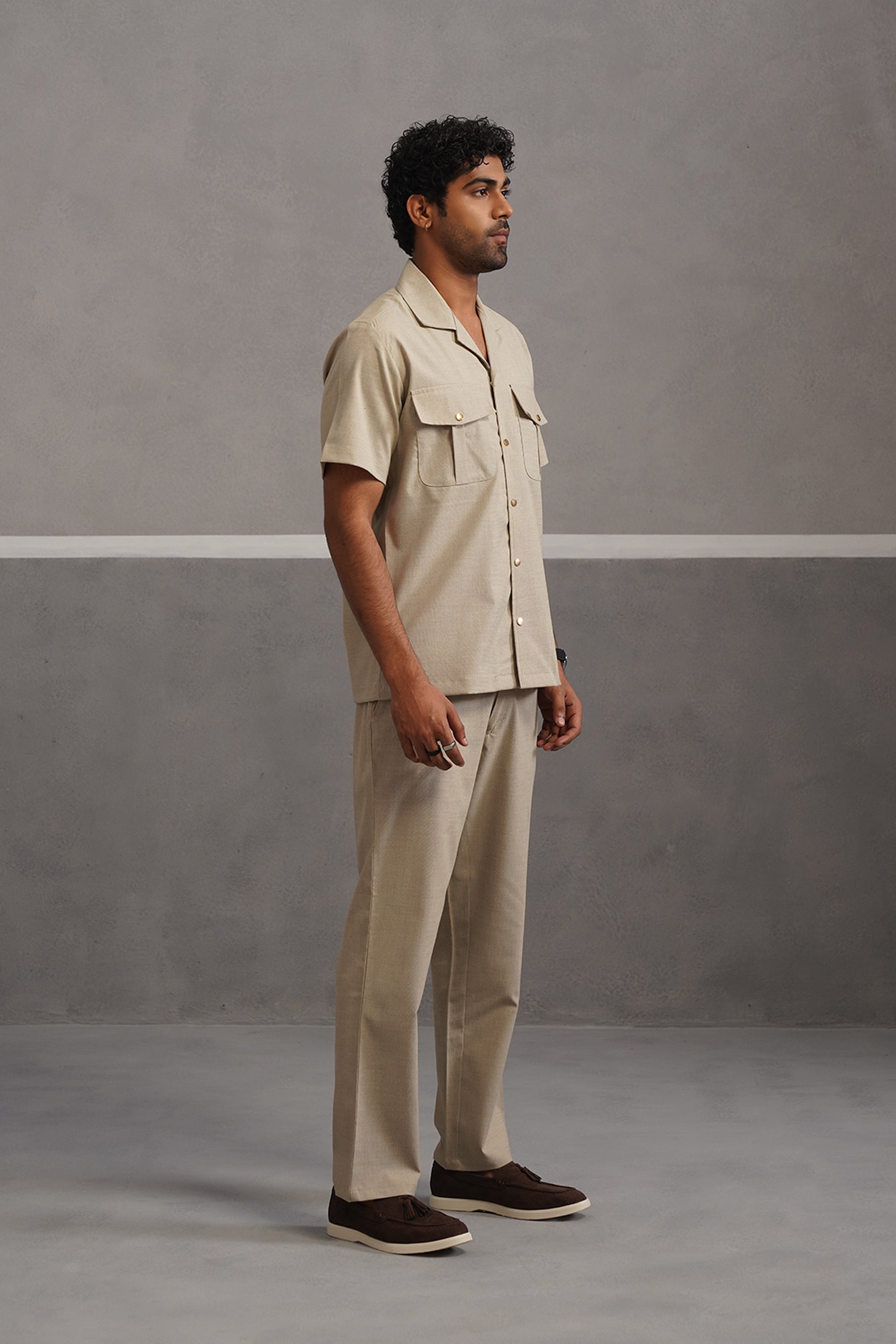 Italian Linen Lycra Double Pocket Coord Set - Beige