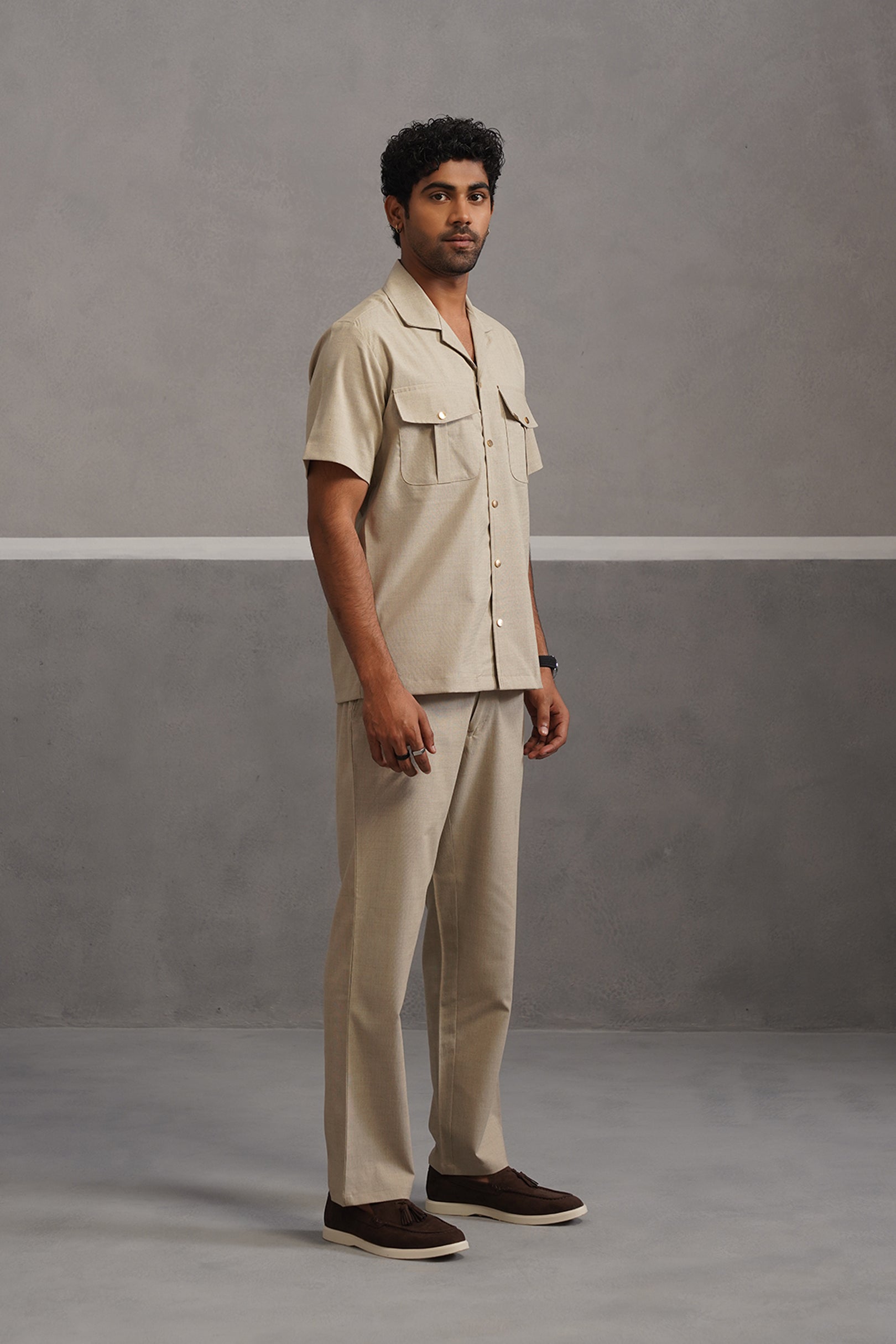 Italian Linen Lycra Double Pocket Coord Set - Beige