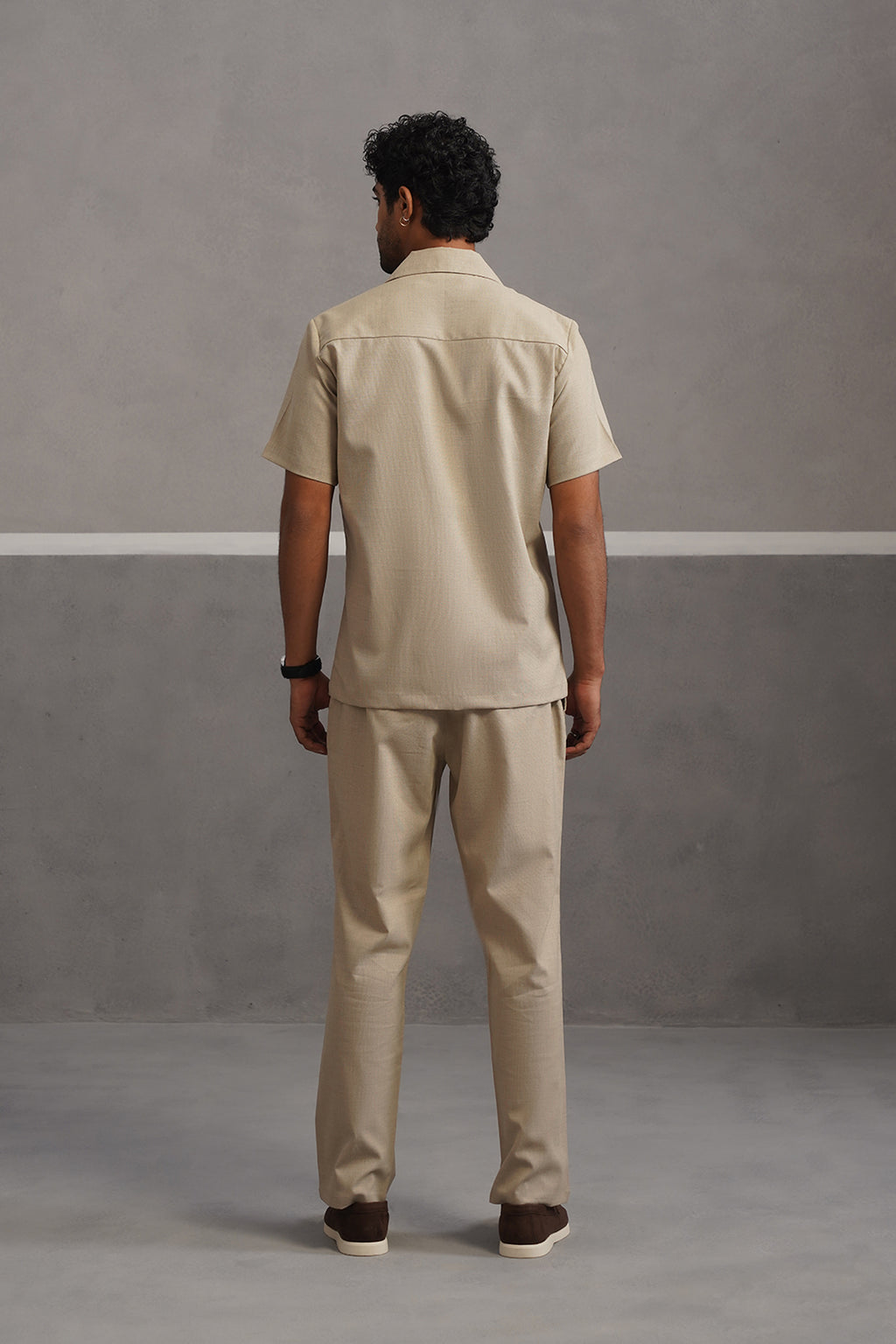 Italian Linen Lycra Double Pocket Coord Set - Beige