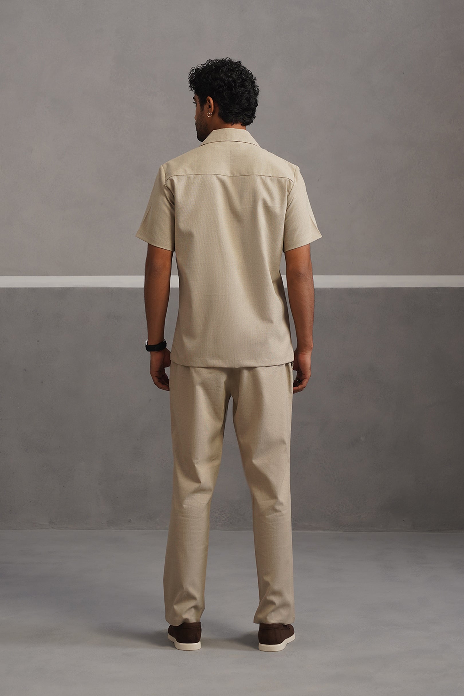 Italian Linen Lycra Double Pocket Coord Set - Beige