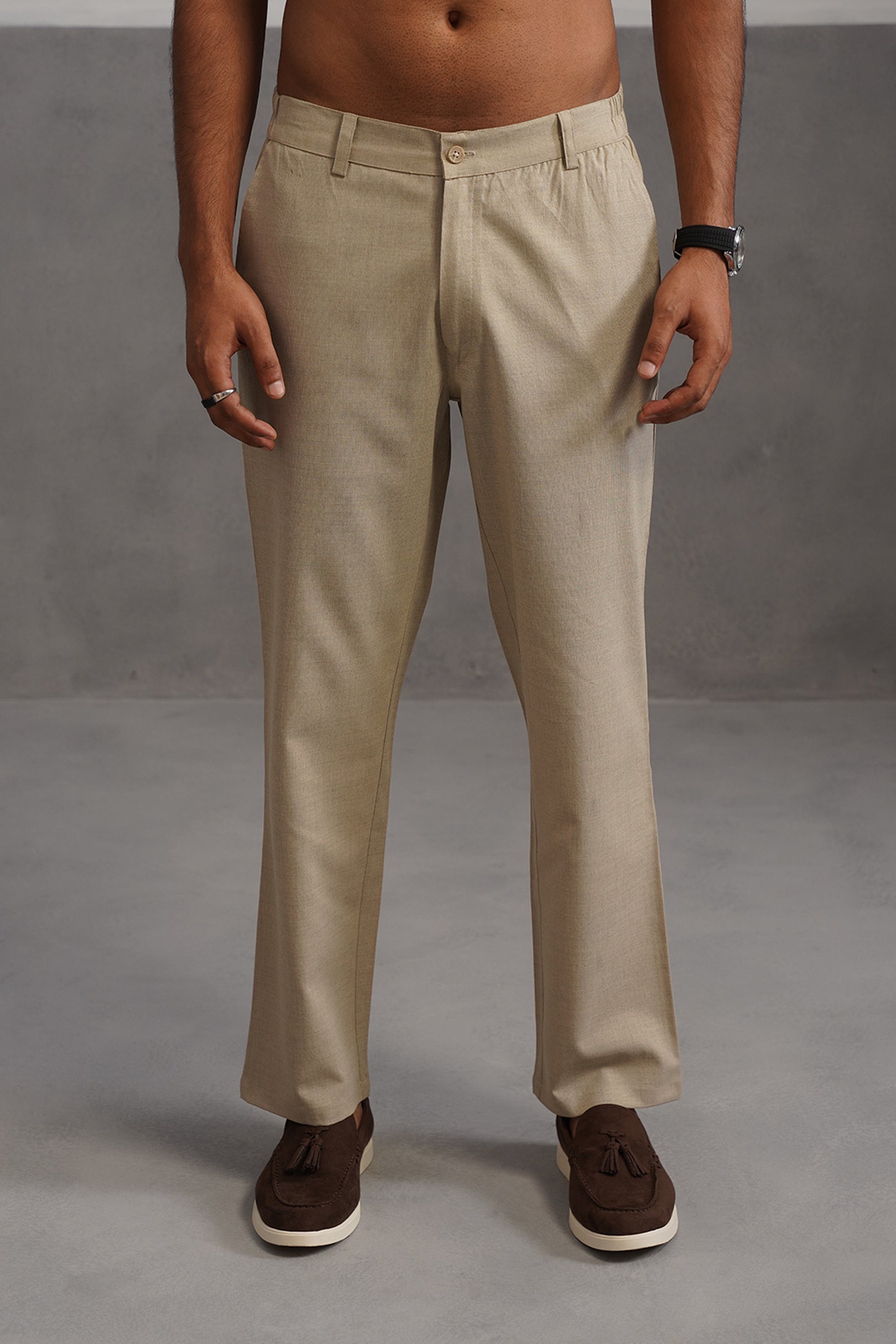 Linen Lycra Tailored Fit Flexi Wasit Trouser - Beige