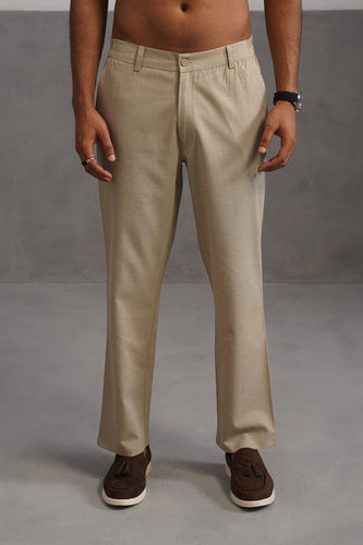 Linen Lycra Tailored Fit Flexi Wasit Trouser - Beige