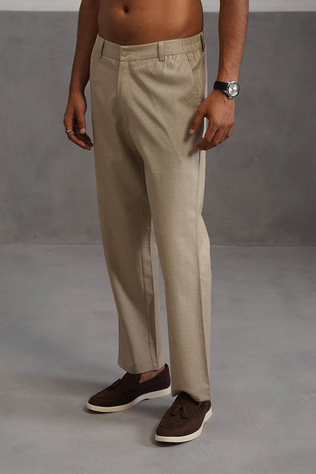 Linen Lycra Tailored Fit Flexi Wasit Trouser - Beige