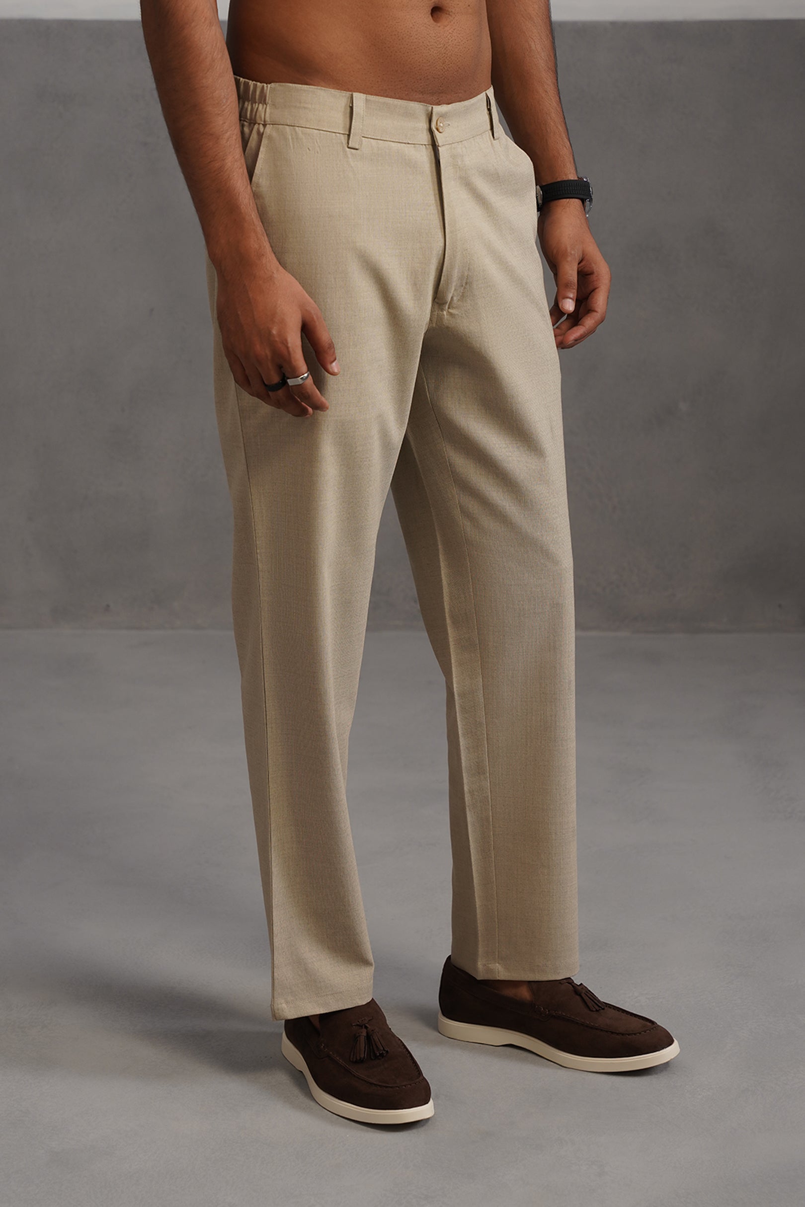 Linen Lycra Tailored Fit Flexi Wasit Trouser - Beige