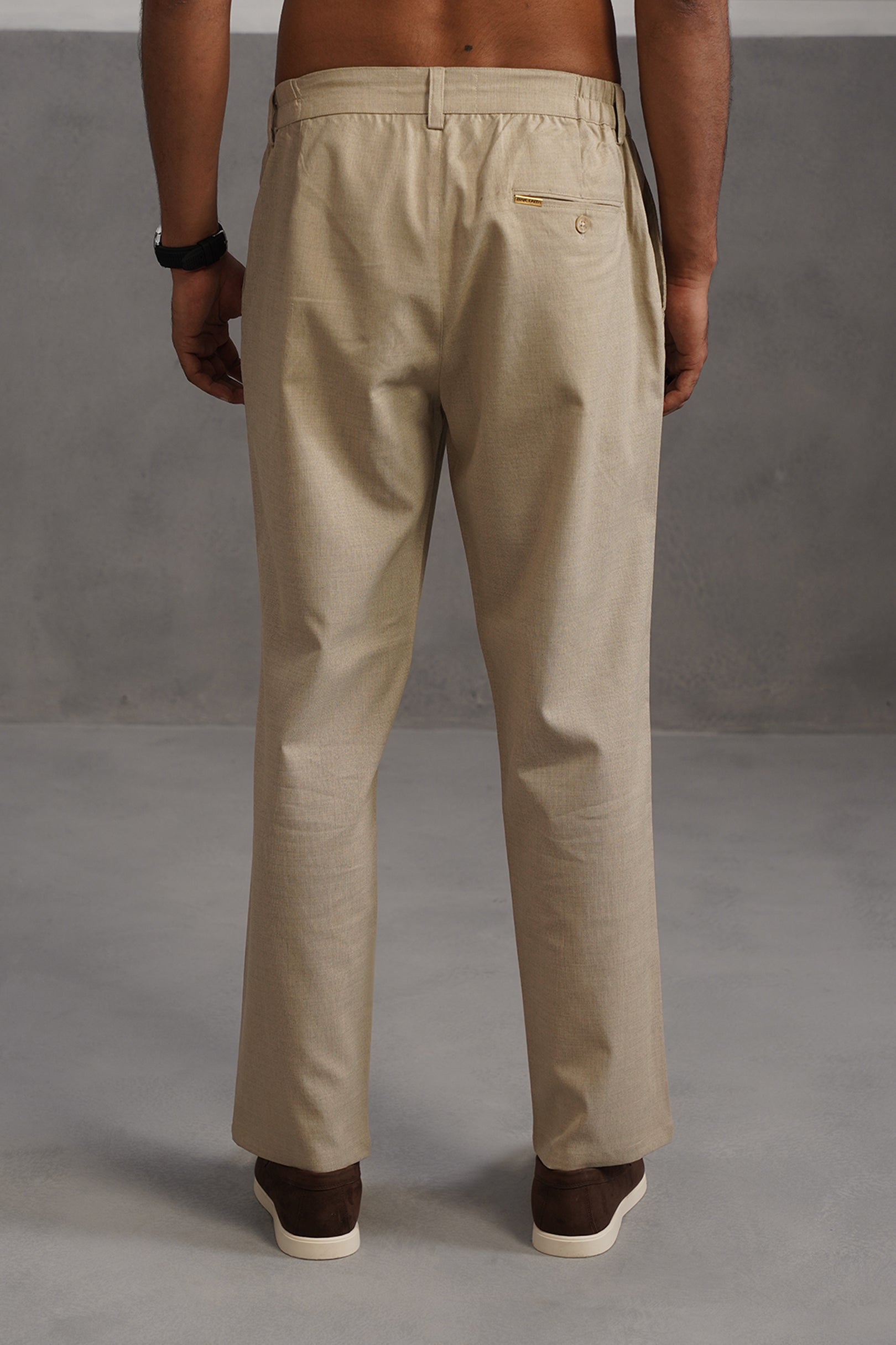Linen Lycra Tailored Fit Flexi Wasit Trouser - Beige