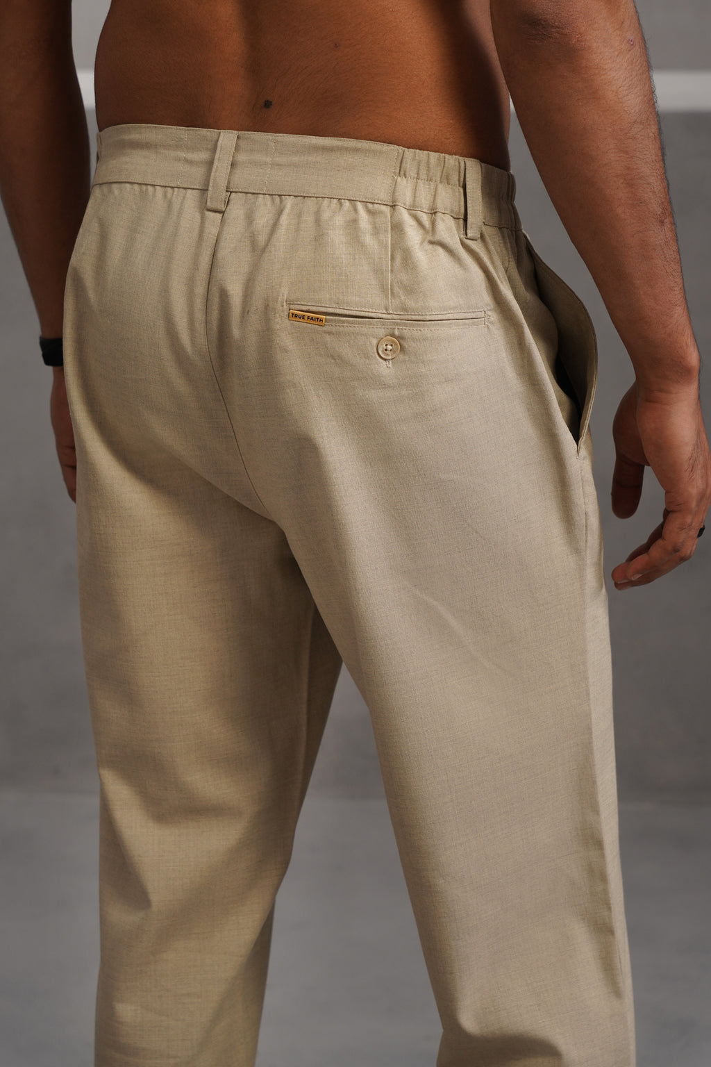Linen Lycra Tailored Fit Flexi Wasit Trouser - Beige