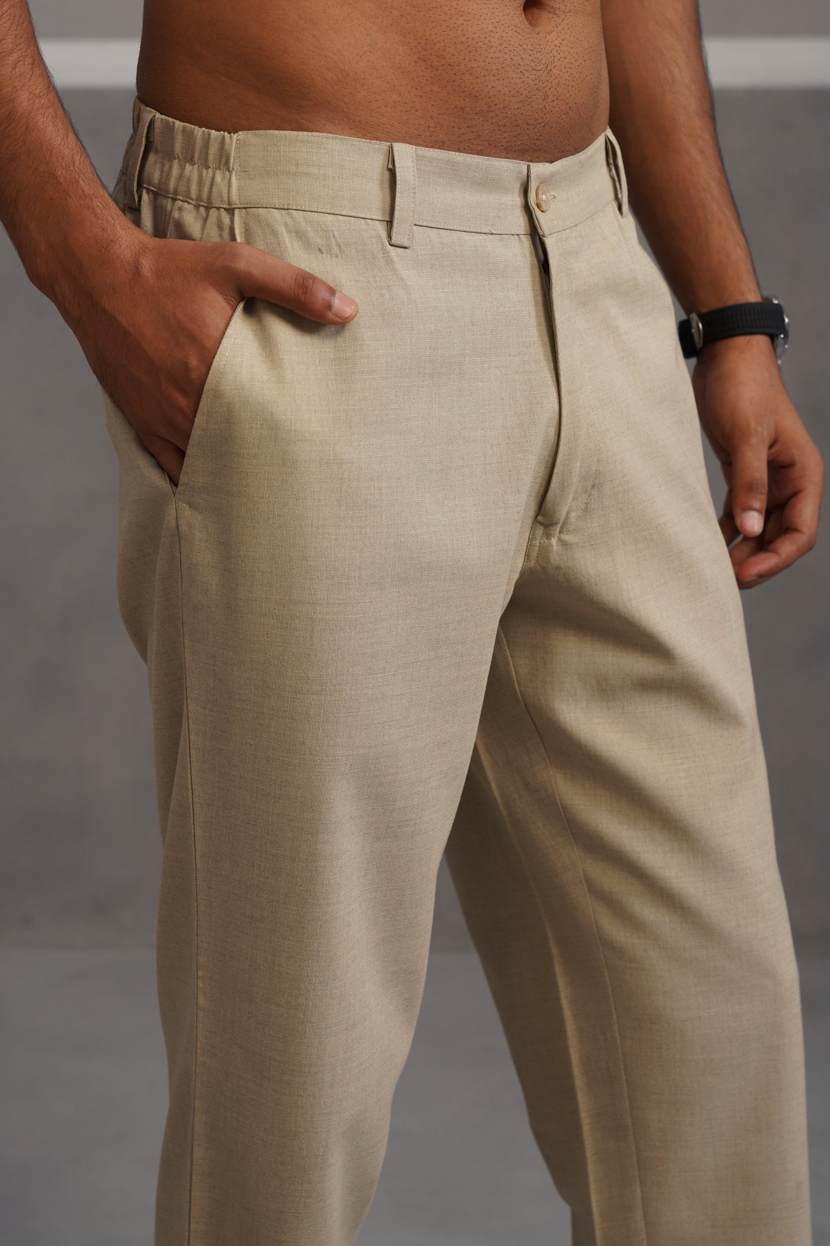 Linen Lycra Tailored Fit Flexi Wasit Trouser - Beige