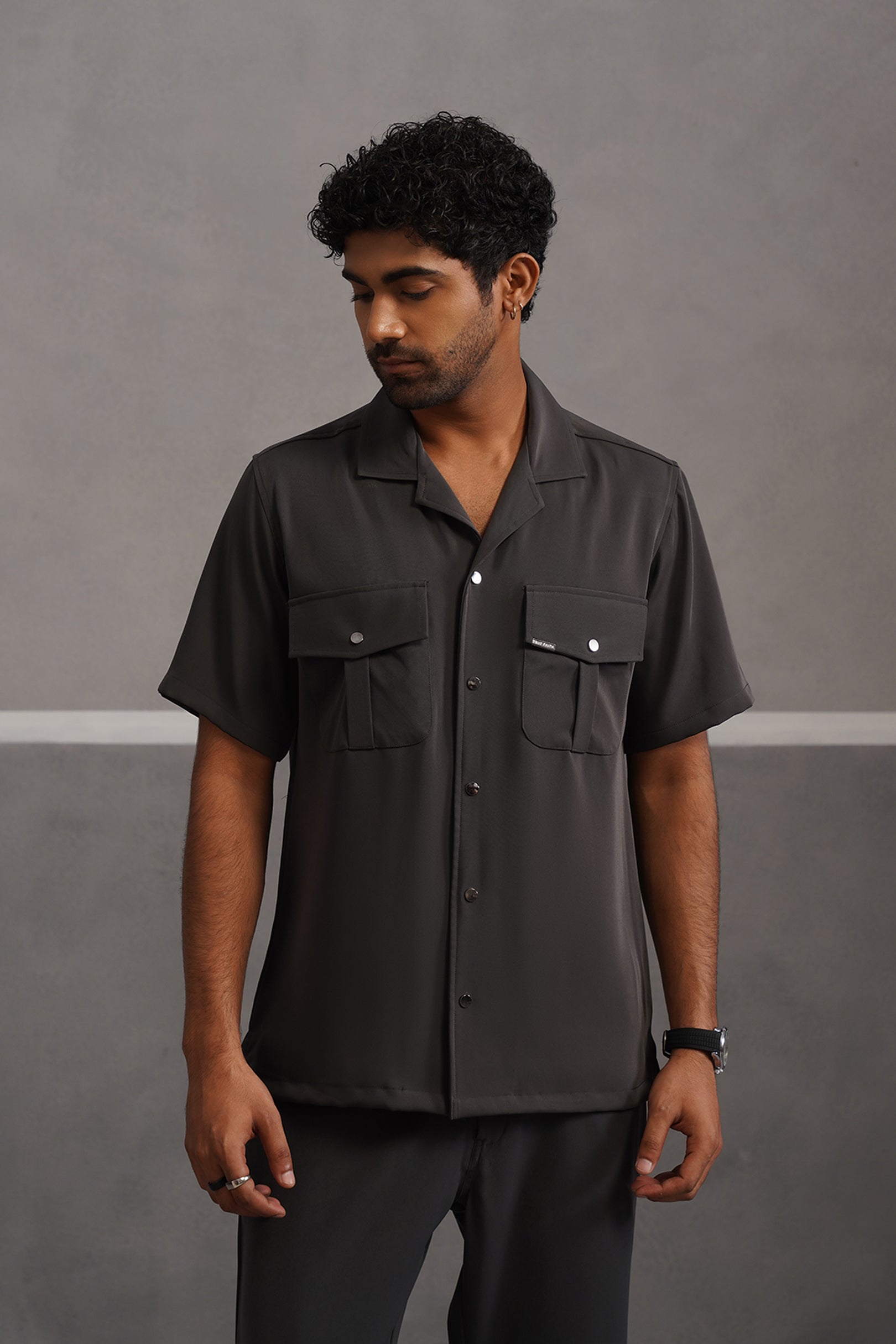 Korean Lycra Luxe Half Sleeve Double Pocket Shirt - Grey