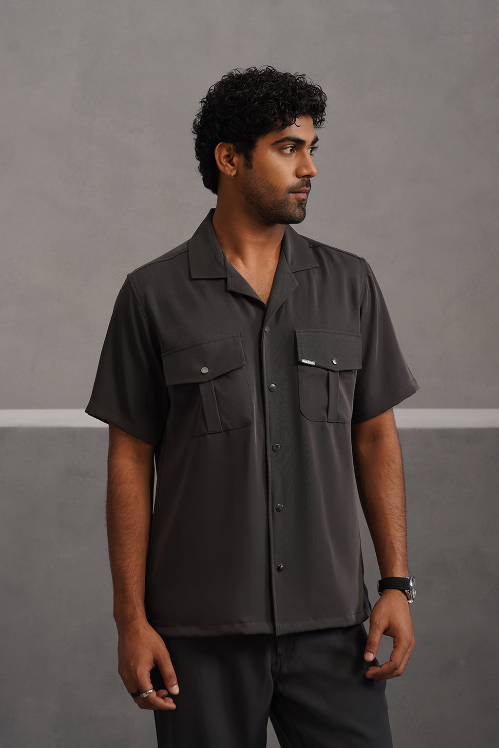 Korean Lycra Luxe Half Sleeve Double Pocket Shirt - Grey