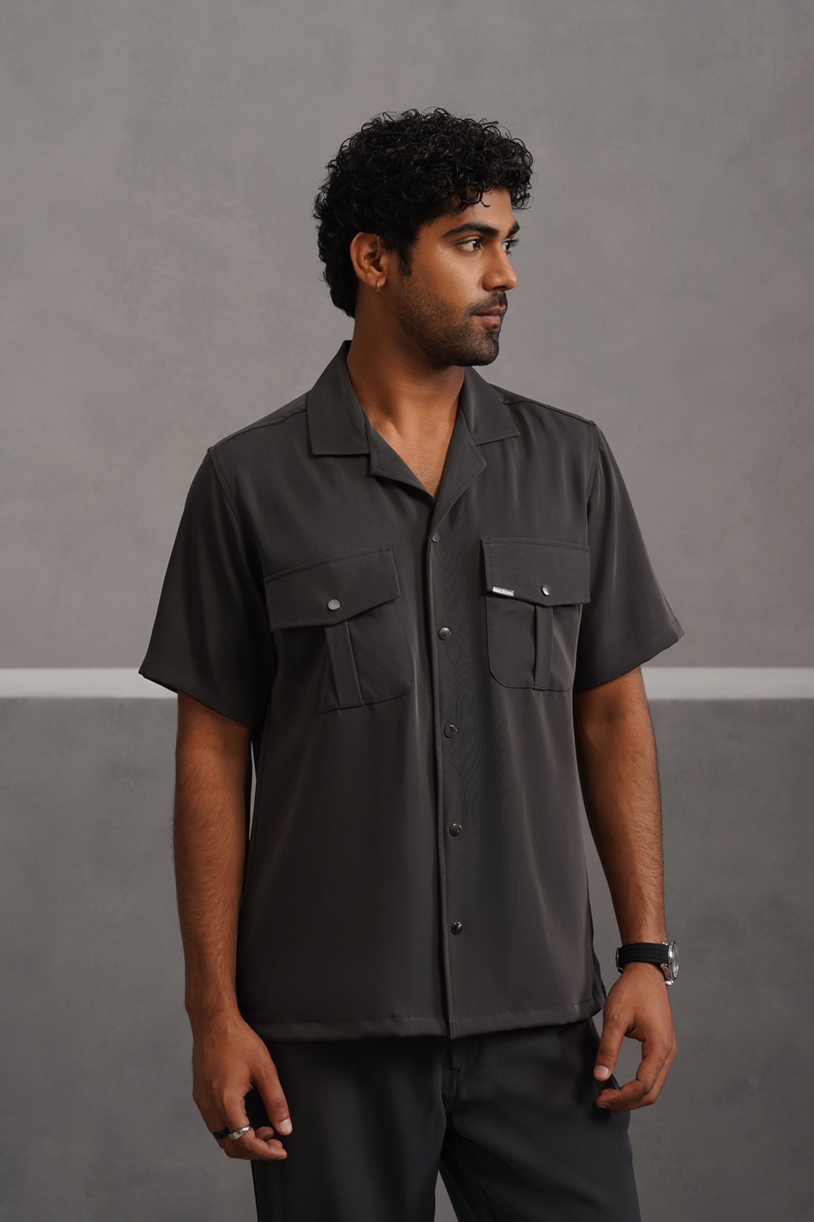 Korean Lycra Luxe Half Sleeve Double Pocket Shirt - Grey