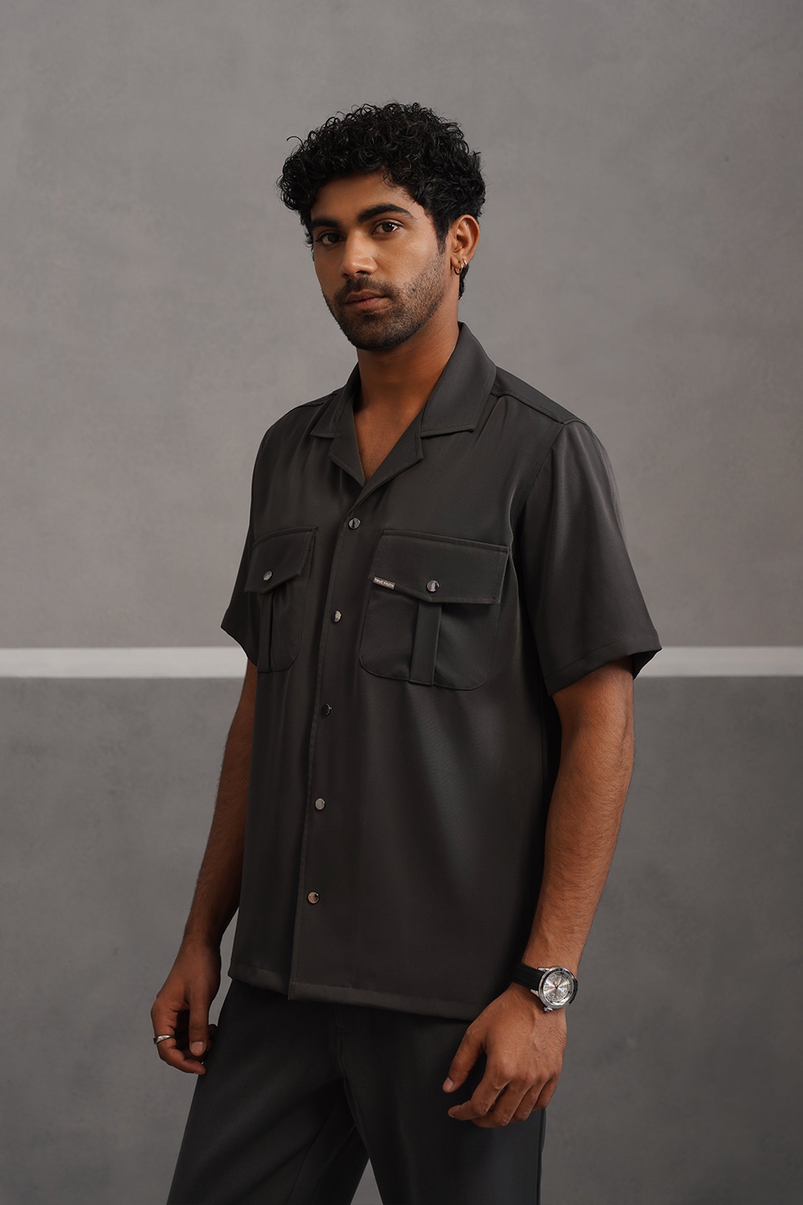 Korean Lycra Luxe Half Sleeve Double Pocket Shirt - Grey