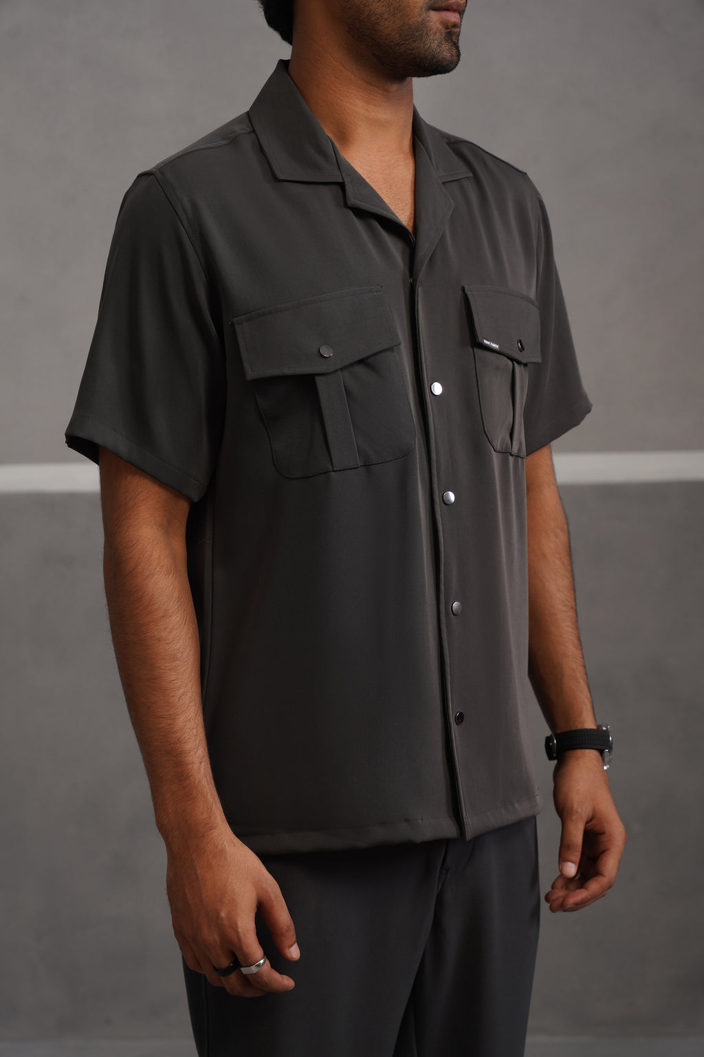 Korean Lycra Luxe Half Sleeve Double Pocket Shirt - Grey
