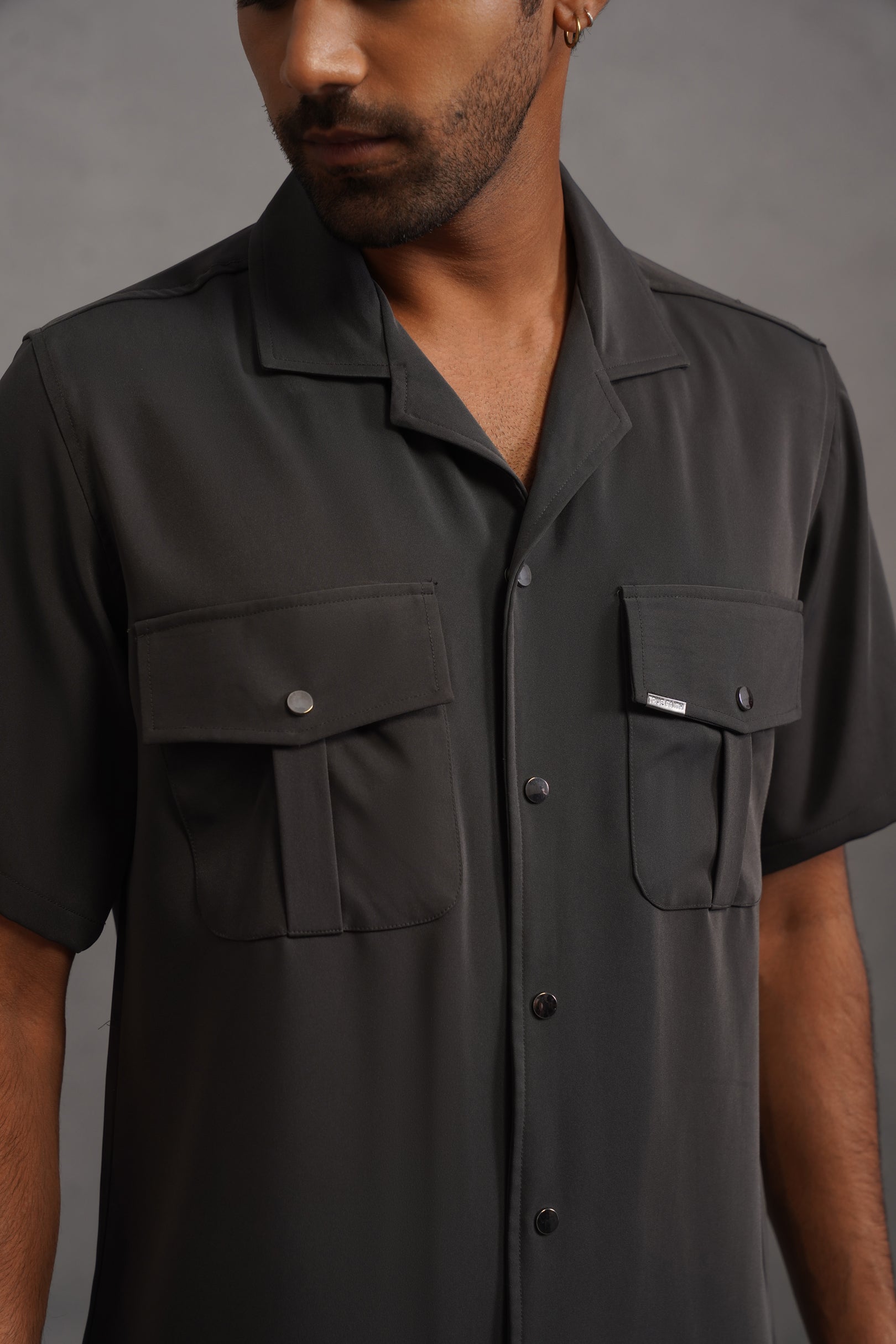 Korean Lycra Luxe Half Sleeve Double Pocket Shirt - Grey