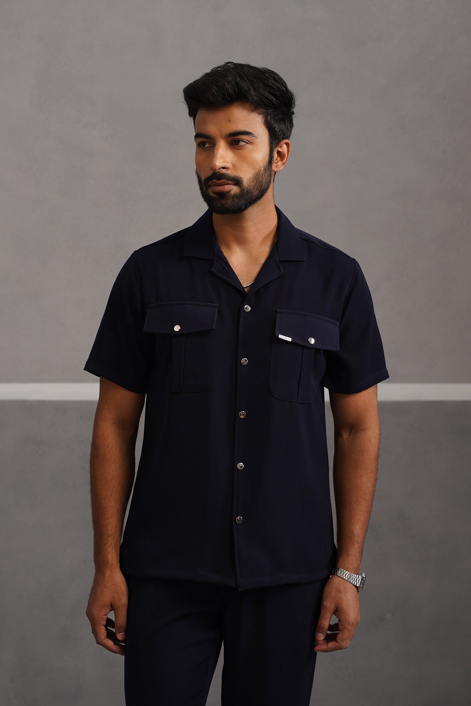 Korean Lycra Luxe Half Sleeve Double Pocket Shirt - Blue
