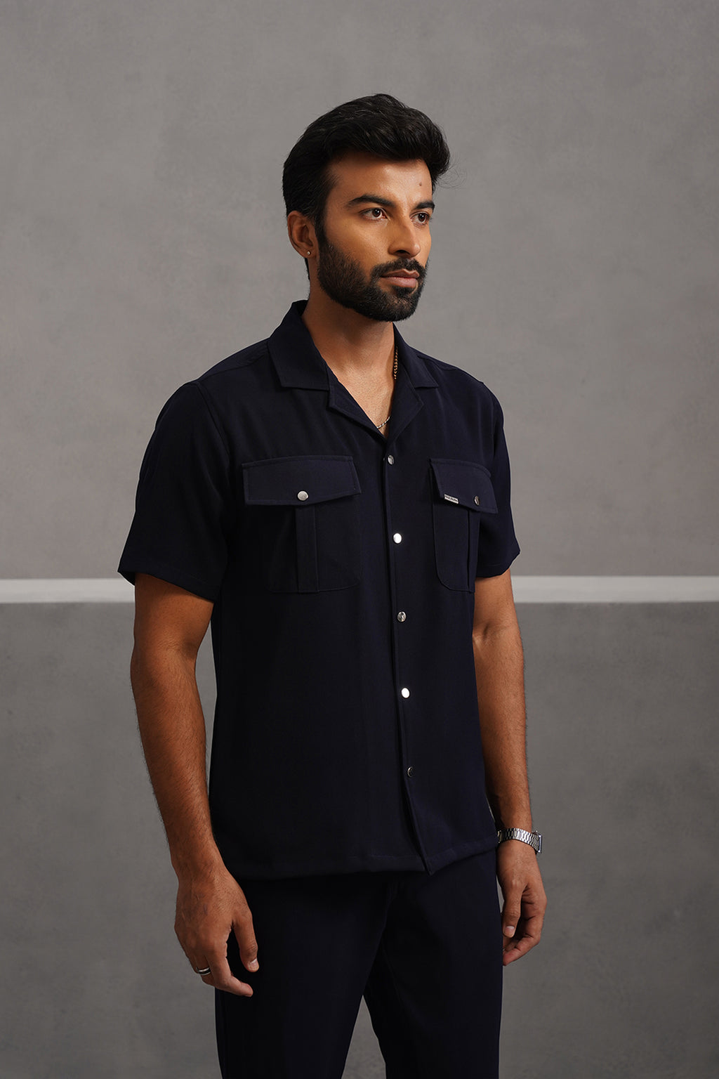 Korean Lycra Luxe Half Sleeve Double Pocket Shirt - Blue