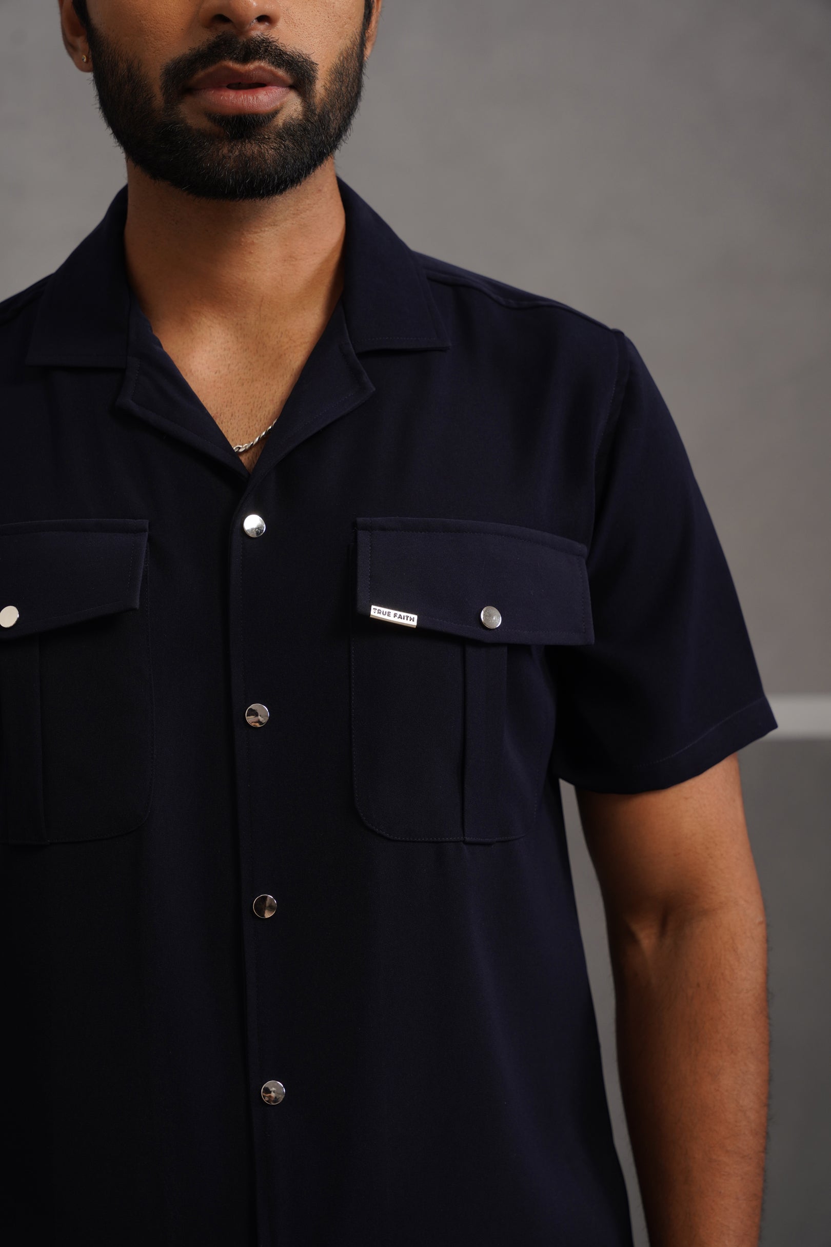 Korean Lycra Luxe Half Sleeve Double Pocket Shirt - Blue